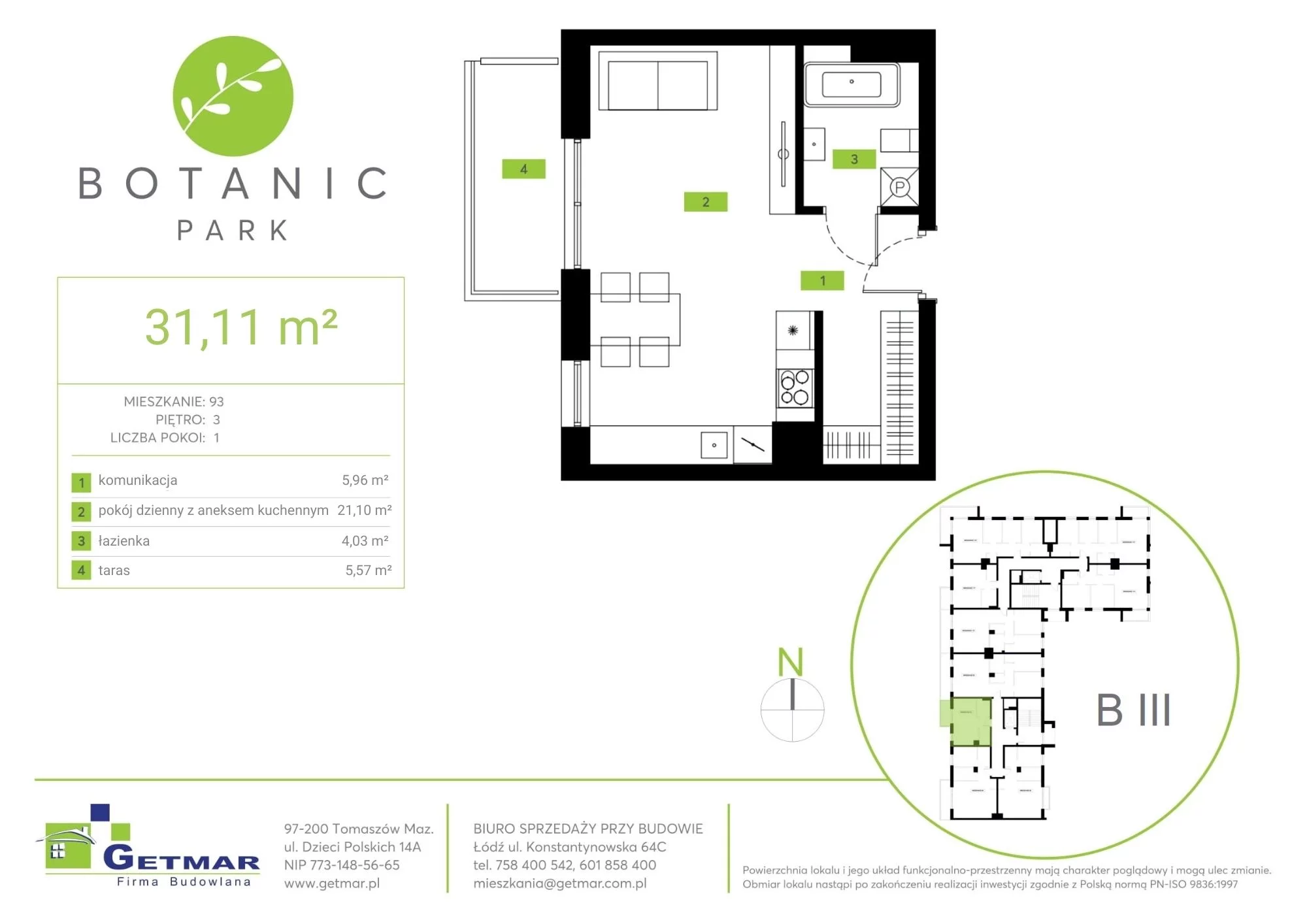 Mieszkanie 31,11 m², piętro 3, oferta nr 93, Botanic Park, Łódź, Polesie, Złotno, ul. Konstantynowska 64c