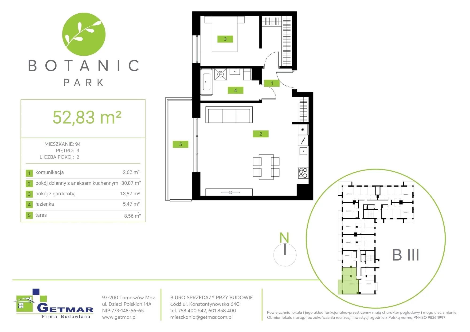 Mieszkanie 52,83 m², piętro 3, oferta nr 94, Botanic Park, Łódź, Polesie, Złotno, ul. Konstantynowska 64c