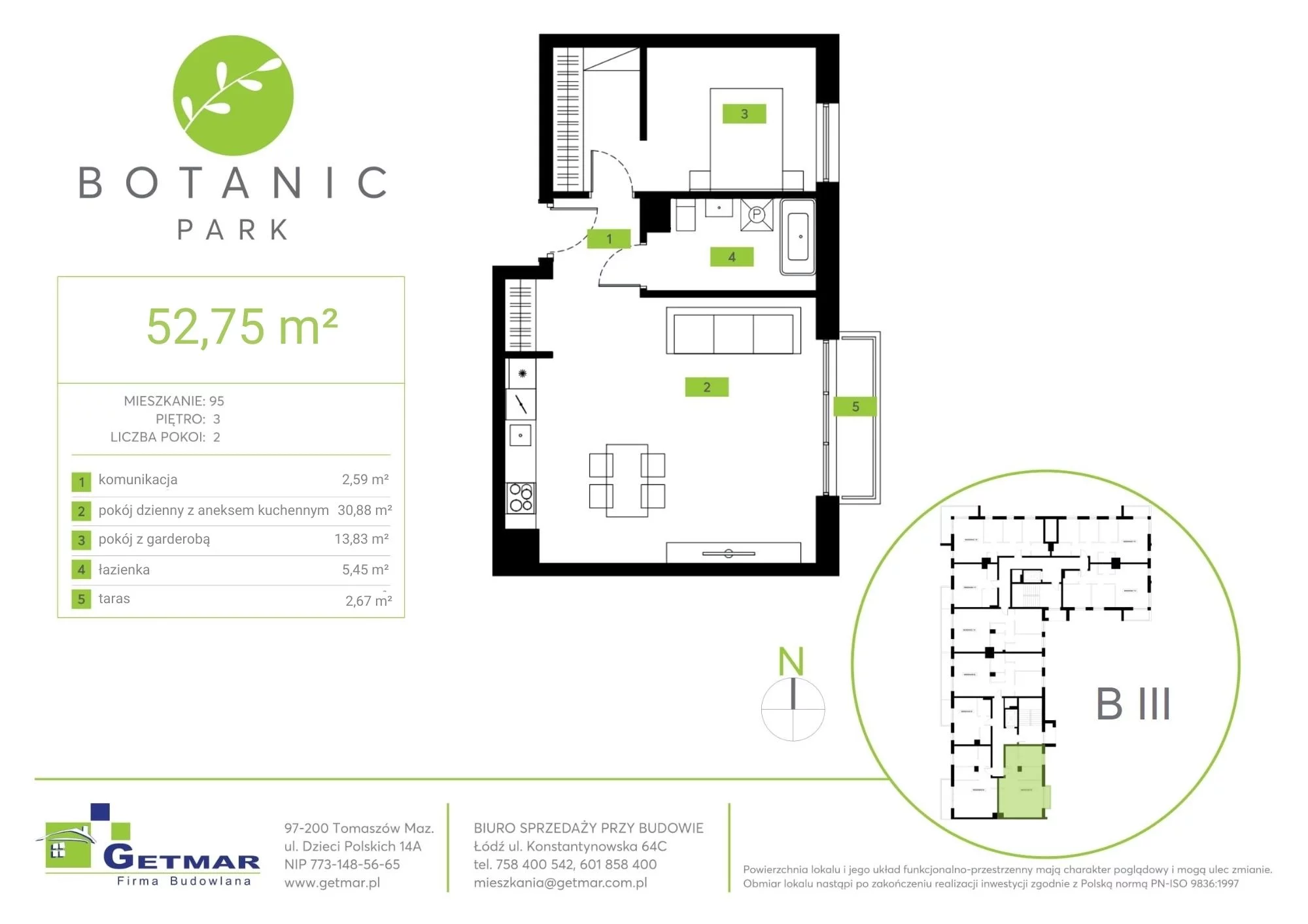 Mieszkanie 52,75 m², piętro 3, oferta nr 95, Botanic Park, Łódź, Polesie, Złotno, ul. Konstantynowska 64c