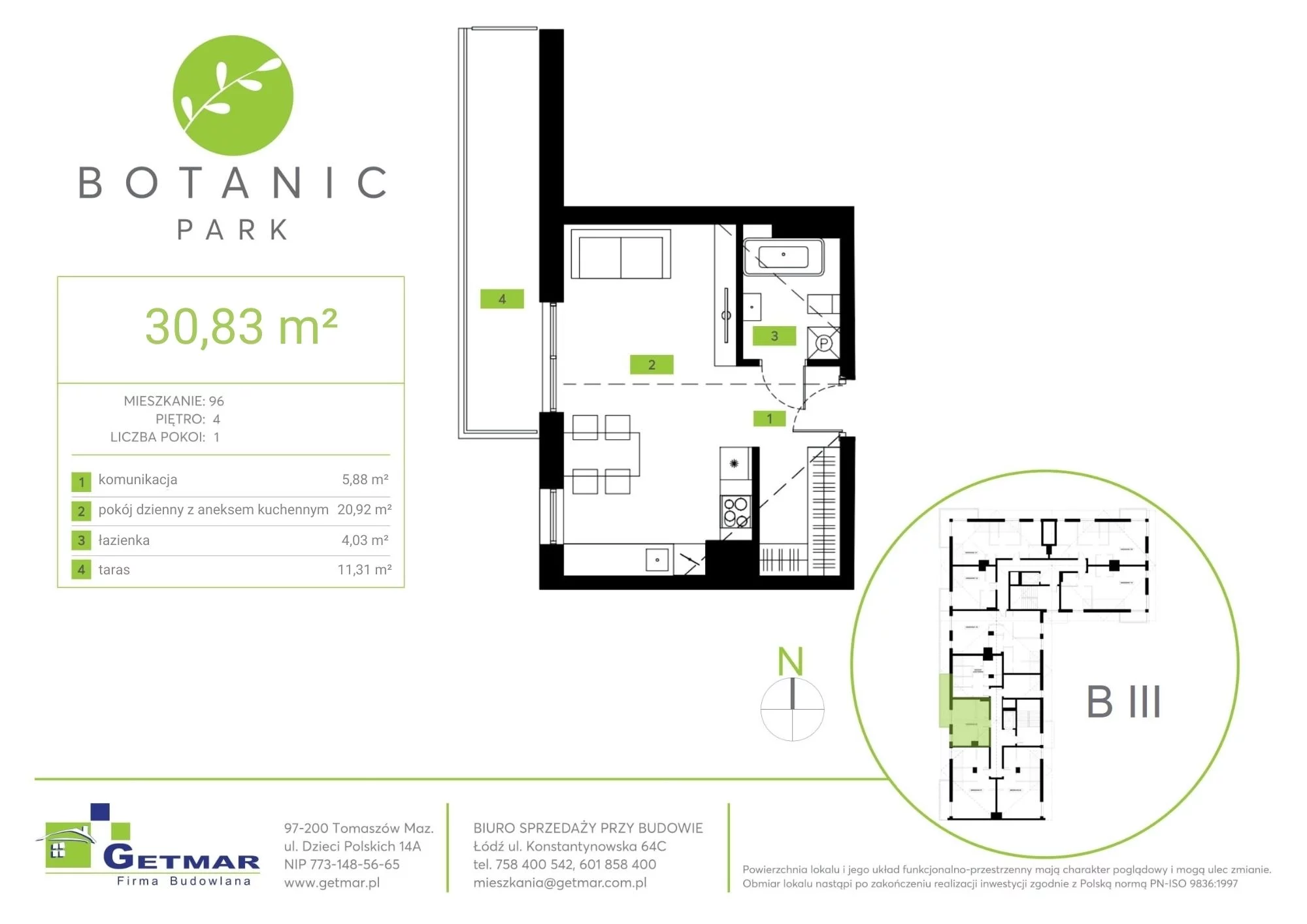 Mieszkanie 30,83 m², piętro 4, oferta nr 96, Botanic Park, Łódź, Polesie, Złotno, ul. Konstantynowska 64c