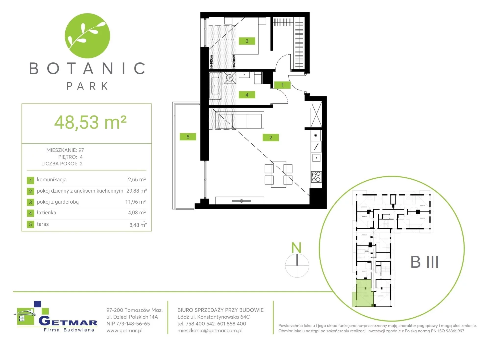 Mieszkanie 48,53 m², piętro 4, oferta nr 97, Botanic Park, Łódź, Polesie, Złotno, ul. Konstantynowska 64c