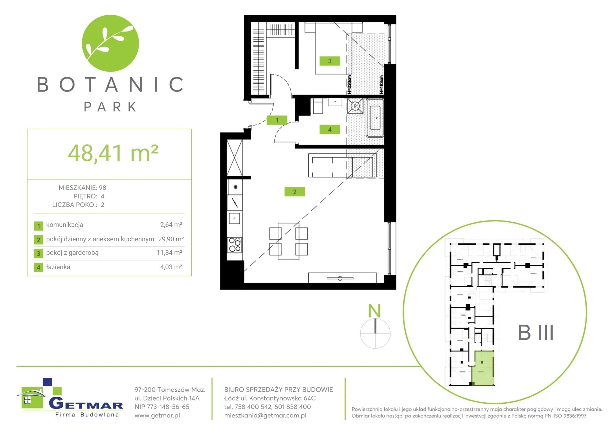 Mieszkanie 48,41 m², piętro 4, oferta nr 98, Botanic Park, Łódź, Polesie, Złotno, ul. Konstantynowska 64c