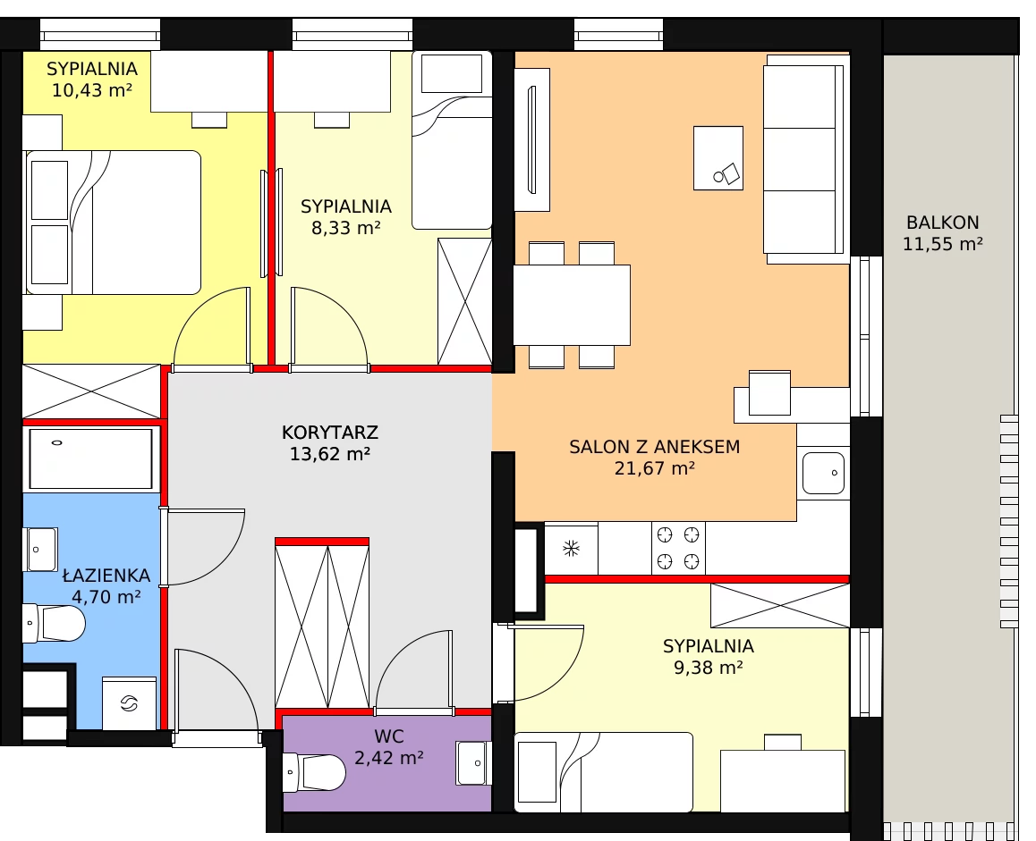 Mieszkanie 70,55 m², piętro 3, oferta nr M48, Enklawa Zalesie, Rzeszów, Zalesie, ul. Mieczysławy Ćwiklińskiej 5A