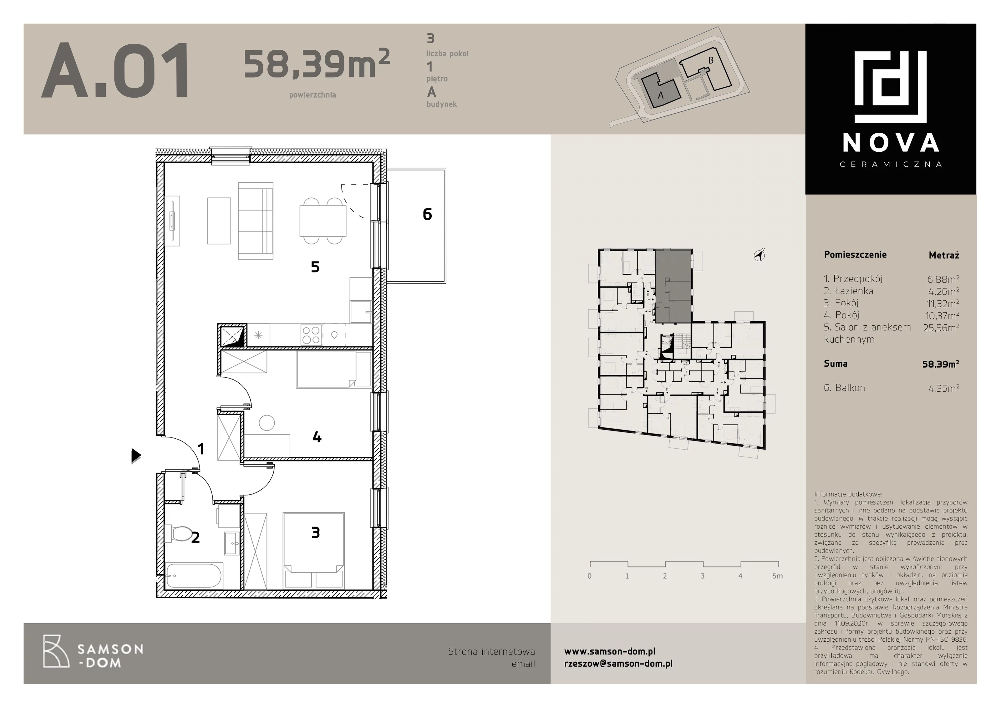 3 pokoje, mieszkanie 58,39 m², piętro 1, oferta nr A1, Nova Ceramiczna, Rzeszów, Przybyszówka, ul. Ceramiczna 505
