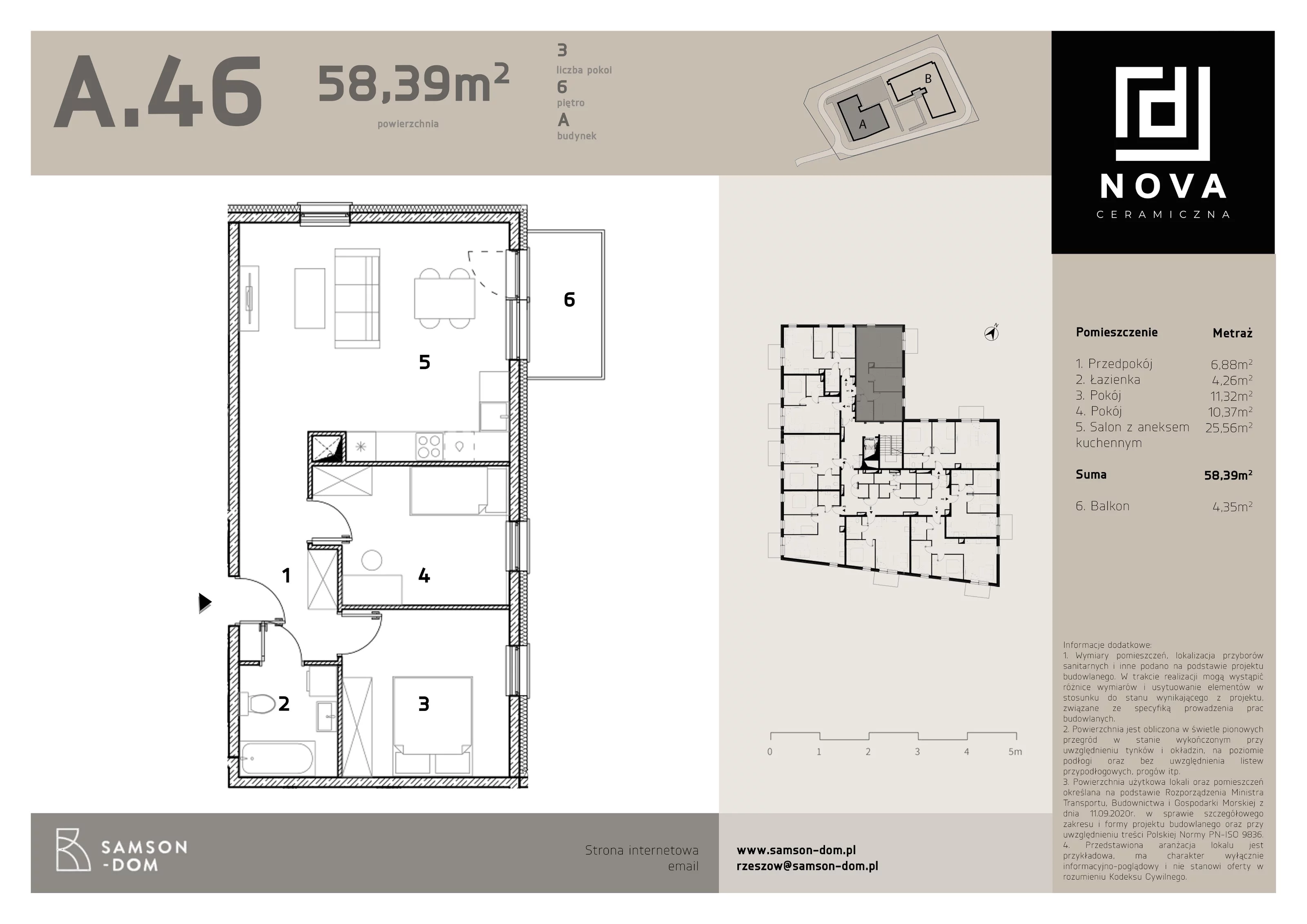 3 pokoje, mieszkanie 58,39 m², piętro 6, oferta nr A46, Nova Ceramiczna, Rzeszów, Przybyszówka, ul. Ceramiczna 505