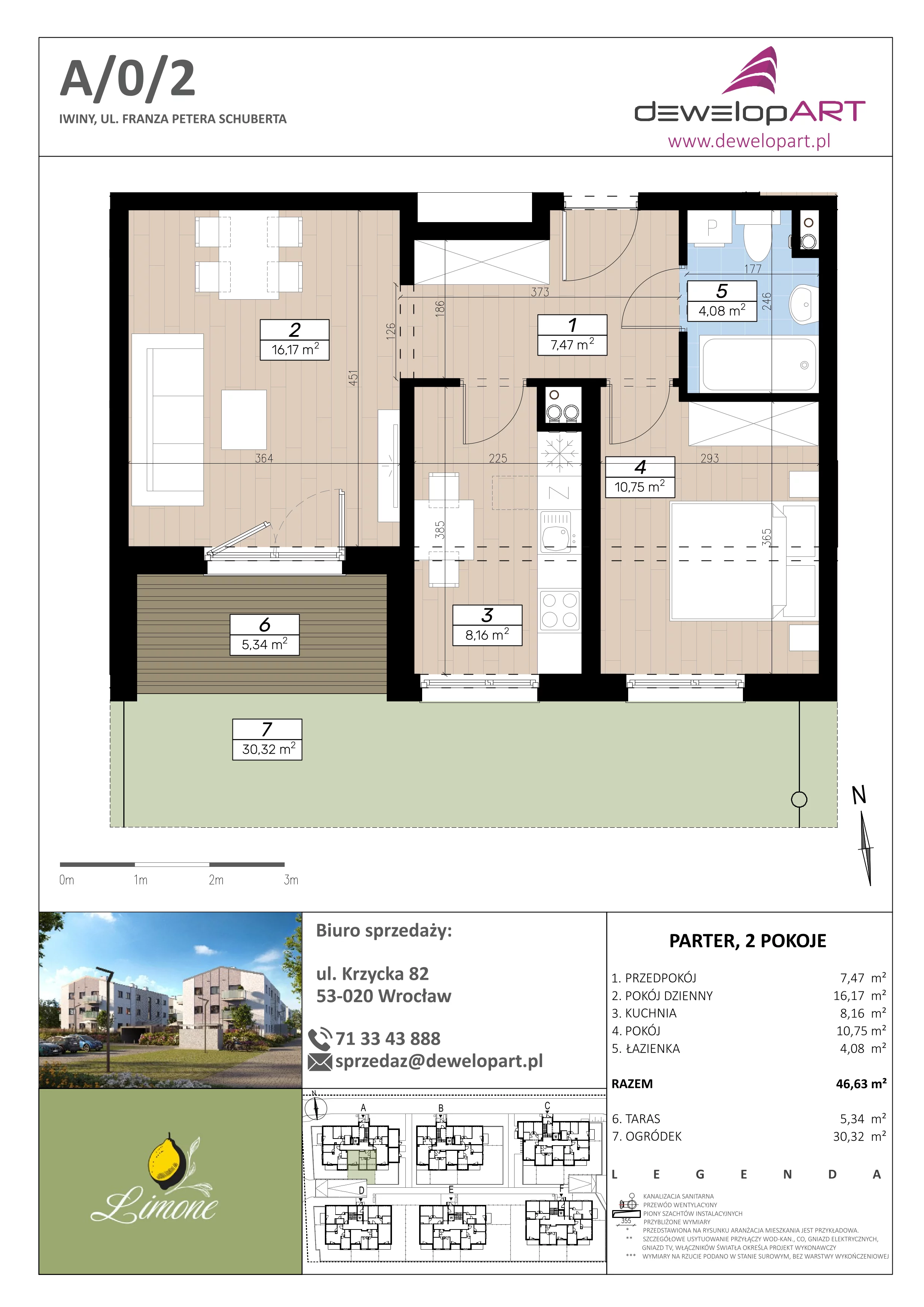 2 pokoje, mieszkanie 46,63 m², parter, oferta nr A/0/2, Limone, Iwiny, ul. F. P. Schuberta