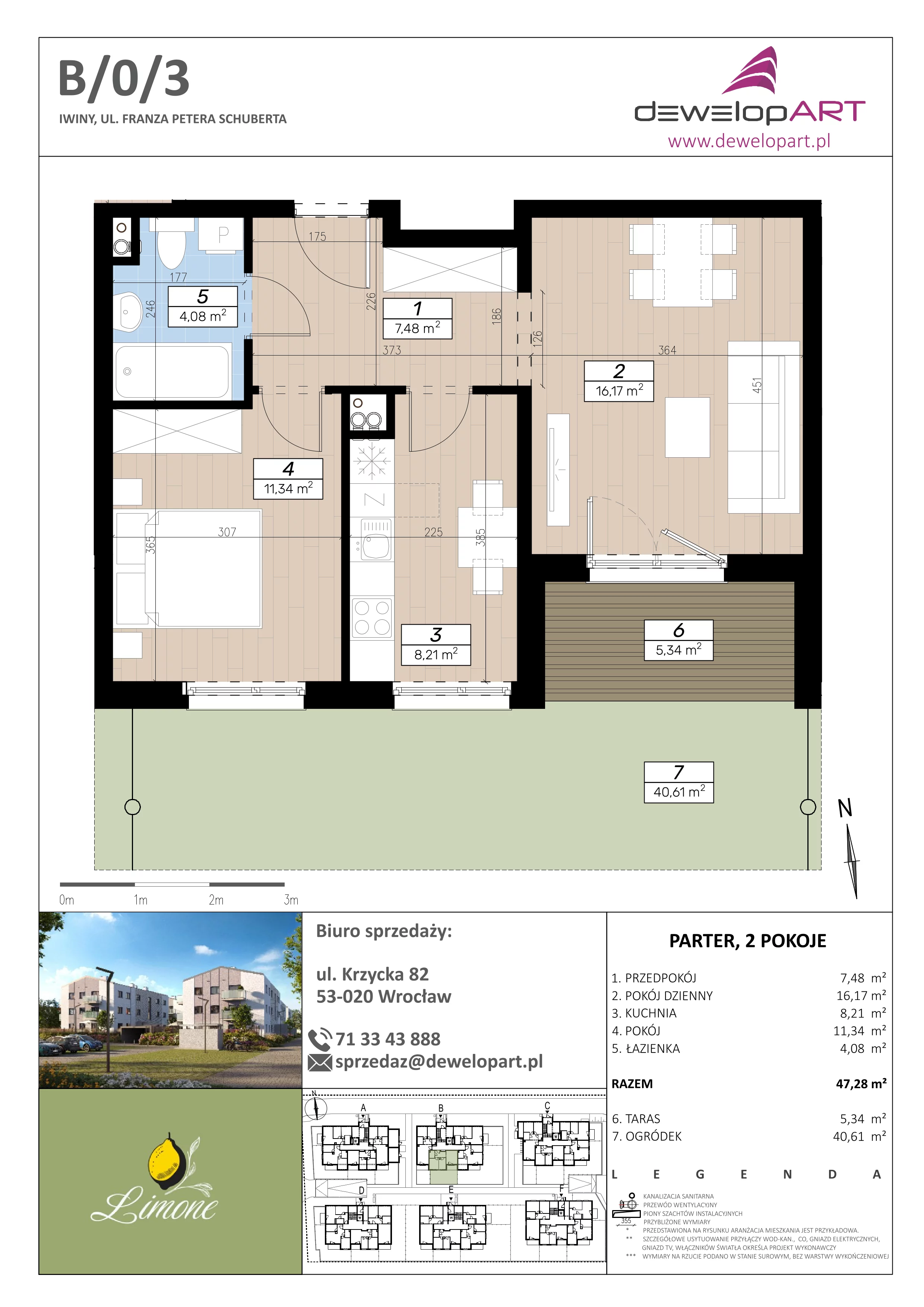 2 pokoje, mieszkanie 47,28 m², parter, oferta nr B/0/3, Limone, Iwiny, ul. F. P. Schuberta
