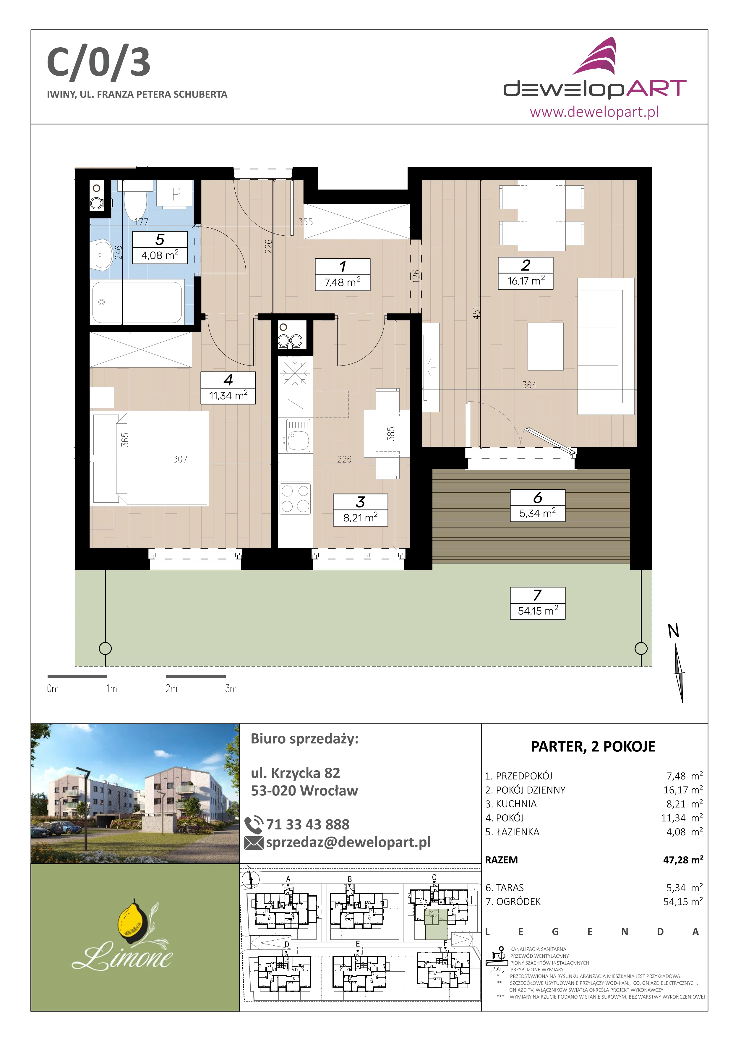 2 pokoje, mieszkanie 47,28 m², parter, oferta nr C/0/3, Limone, Iwiny, ul. F. P. Schuberta