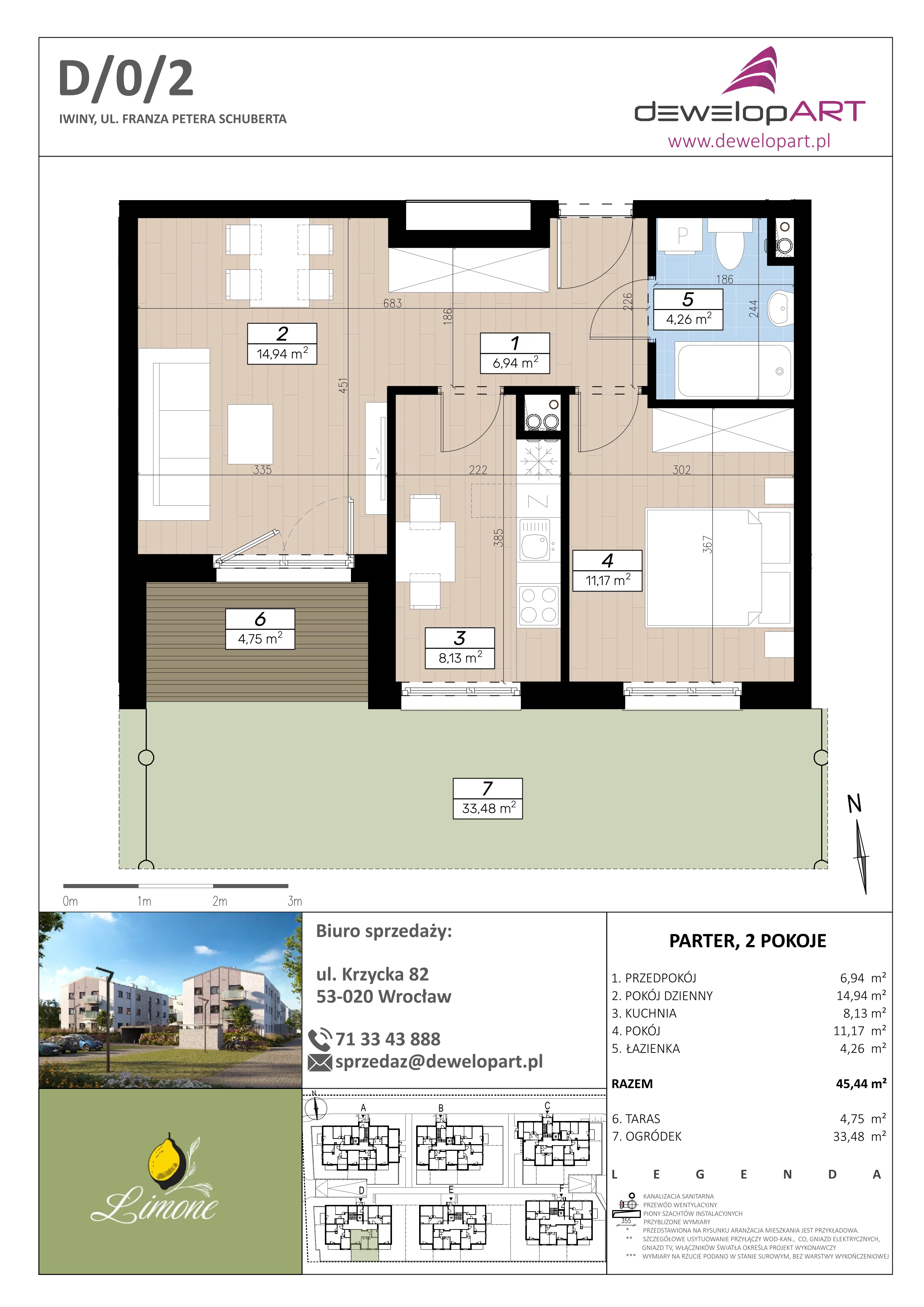 2 pokoje, mieszkanie 45,44 m², parter, oferta nr D/0/2, Limone, Iwiny, ul. F. P. Schuberta