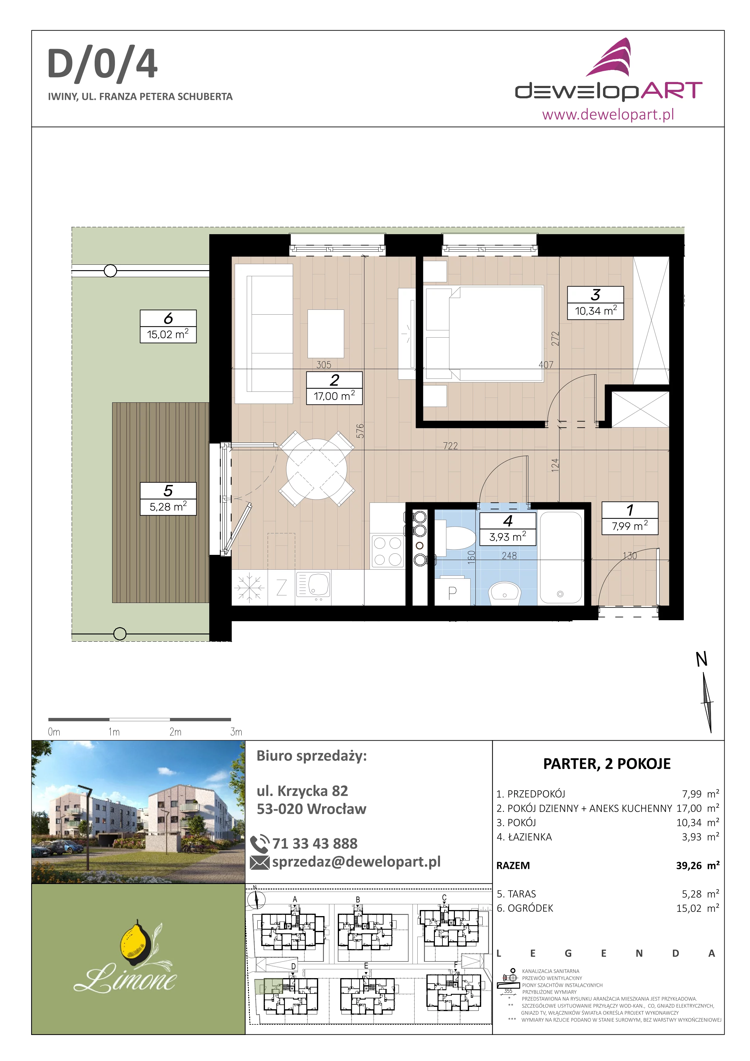 2 pokoje, mieszkanie 39,26 m², parter, oferta nr D/0/4, Limone, Iwiny, ul. F. P. Schuberta