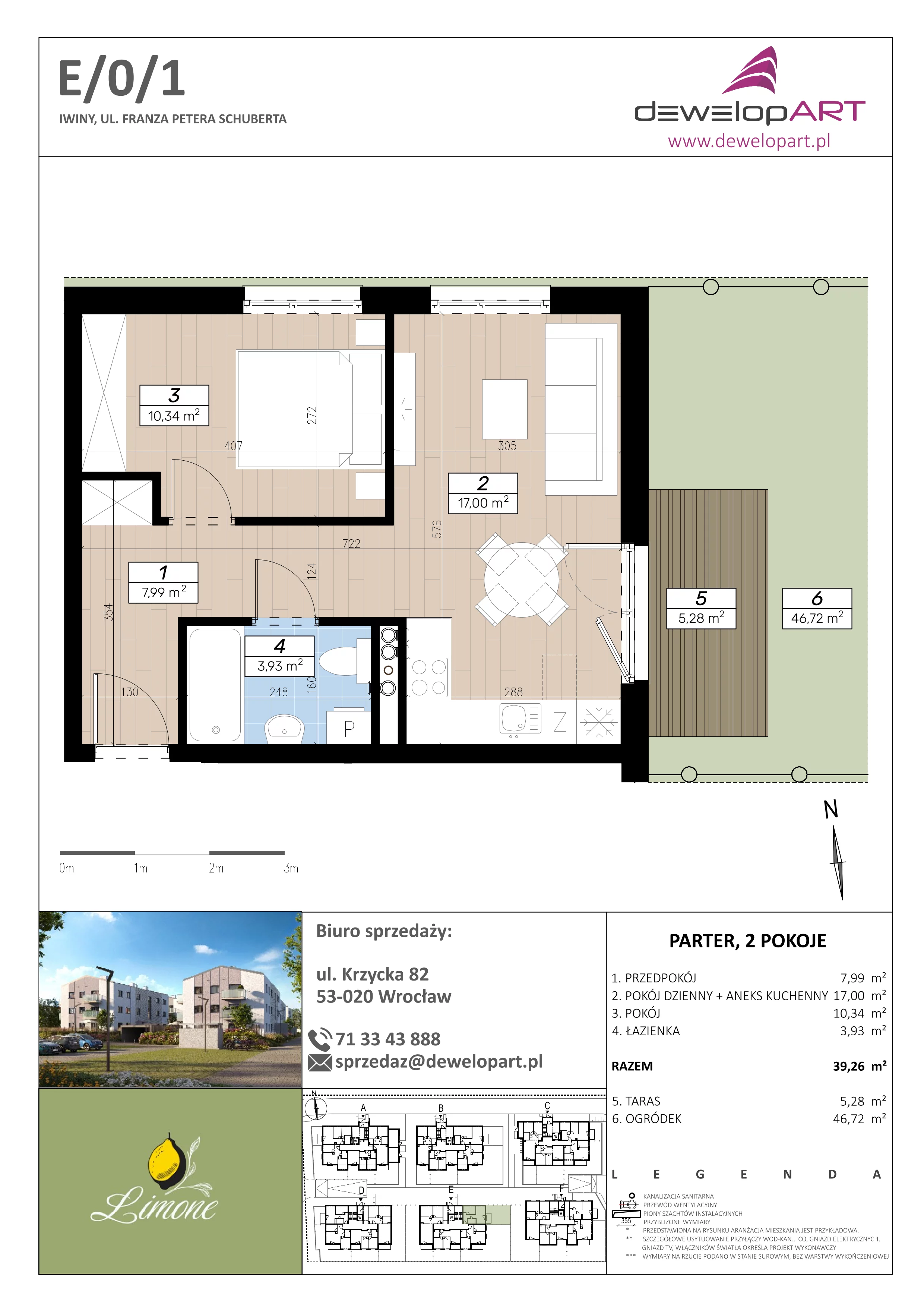 2 pokoje, mieszkanie 39,26 m², parter, oferta nr E/0/1, Limone, Iwiny, ul. F. P. Schuberta