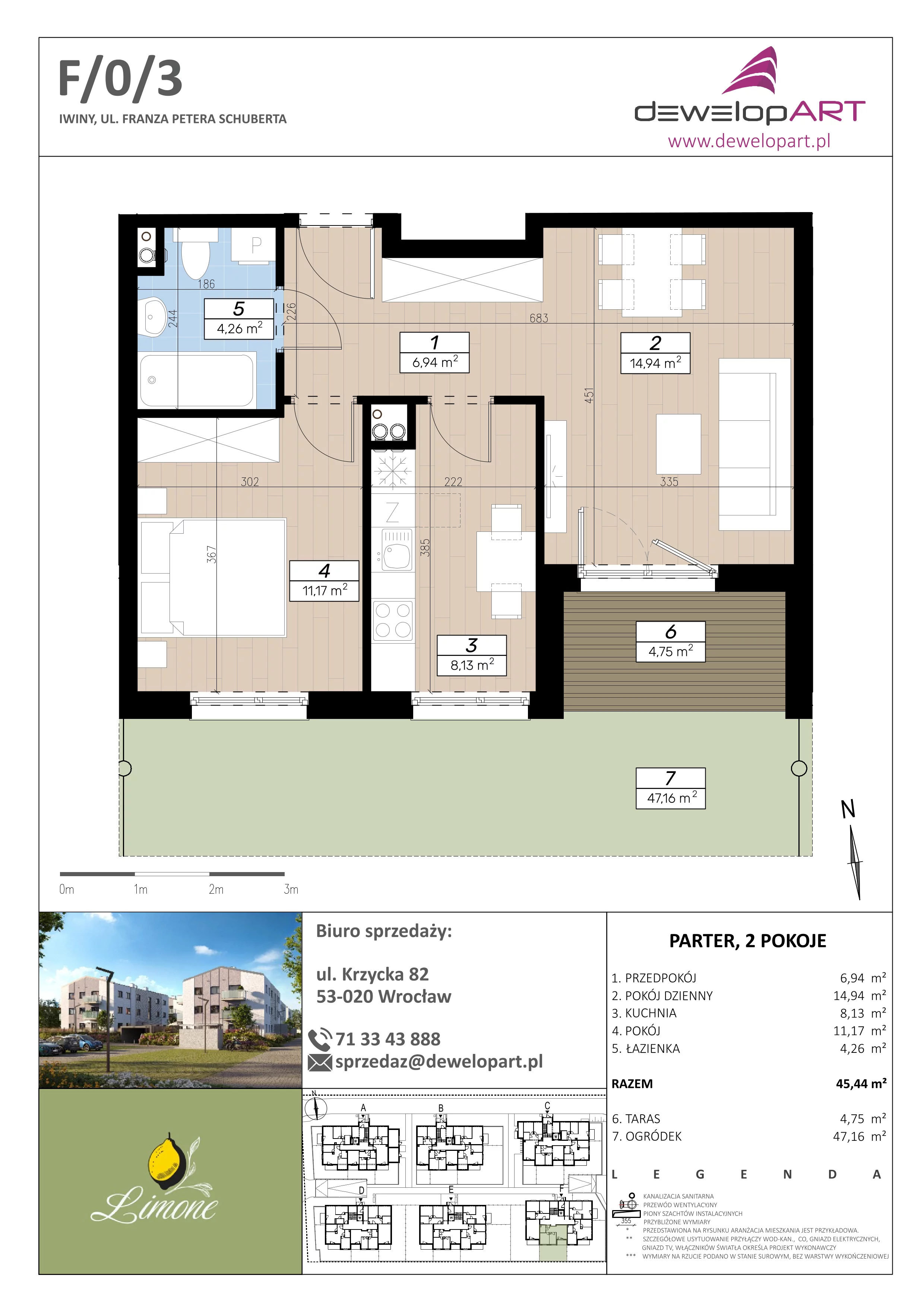 2 pokoje, mieszkanie 45,44 m², parter, oferta nr F/0/3, Limone, Iwiny, ul. F. P. Schuberta