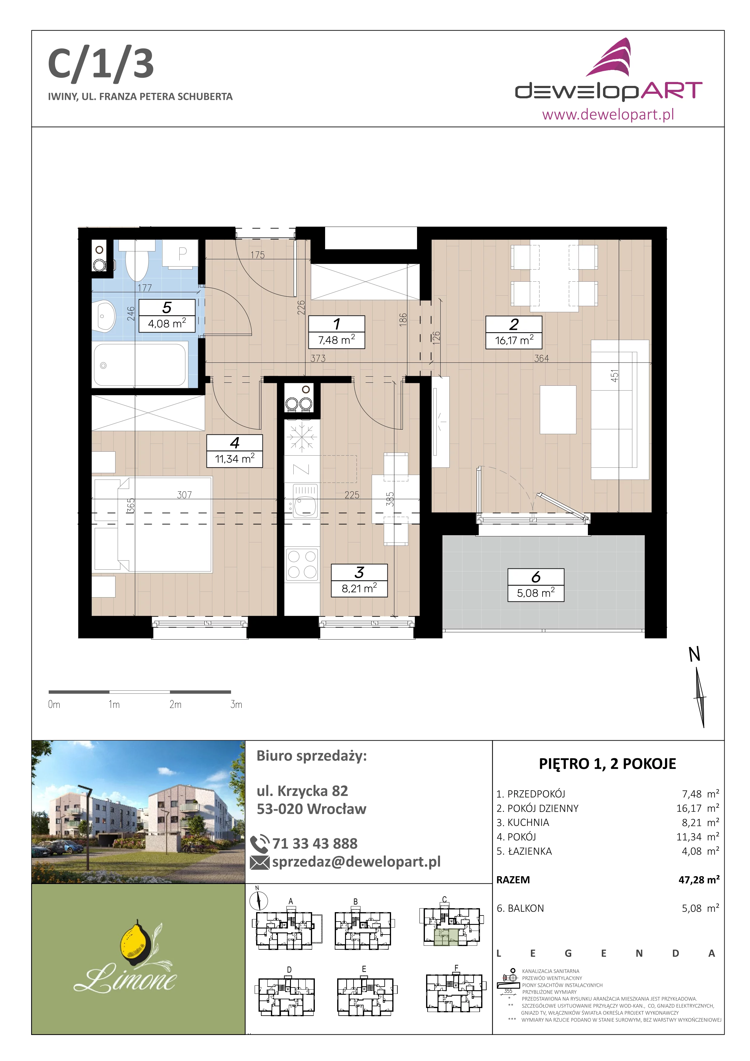 2 pokoje, mieszkanie 47,28 m², piętro 1, oferta nr C/1/3, Limone, Iwiny, ul. F. P. Schuberta