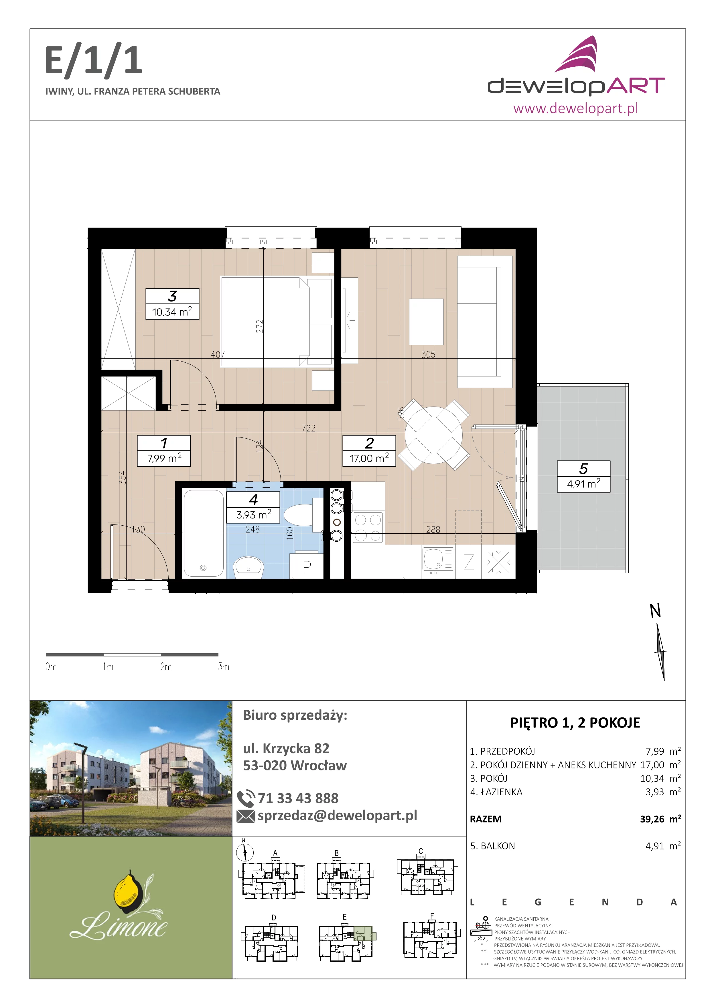 2 pokoje, mieszkanie 39,26 m², piętro 1, oferta nr E/1/1, Limone, Iwiny, ul. F. P. Schuberta