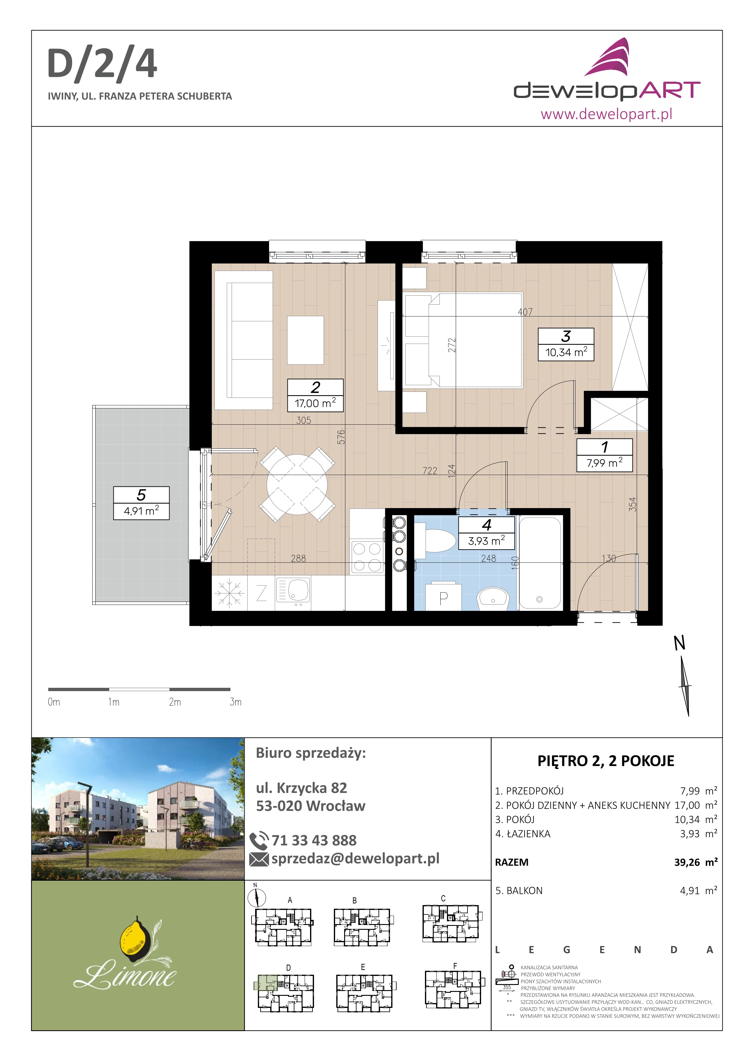 2 pokoje, mieszkanie 39,26 m², piętro 2, oferta nr D/2/4, Limone, Iwiny, ul. F. P. Schuberta