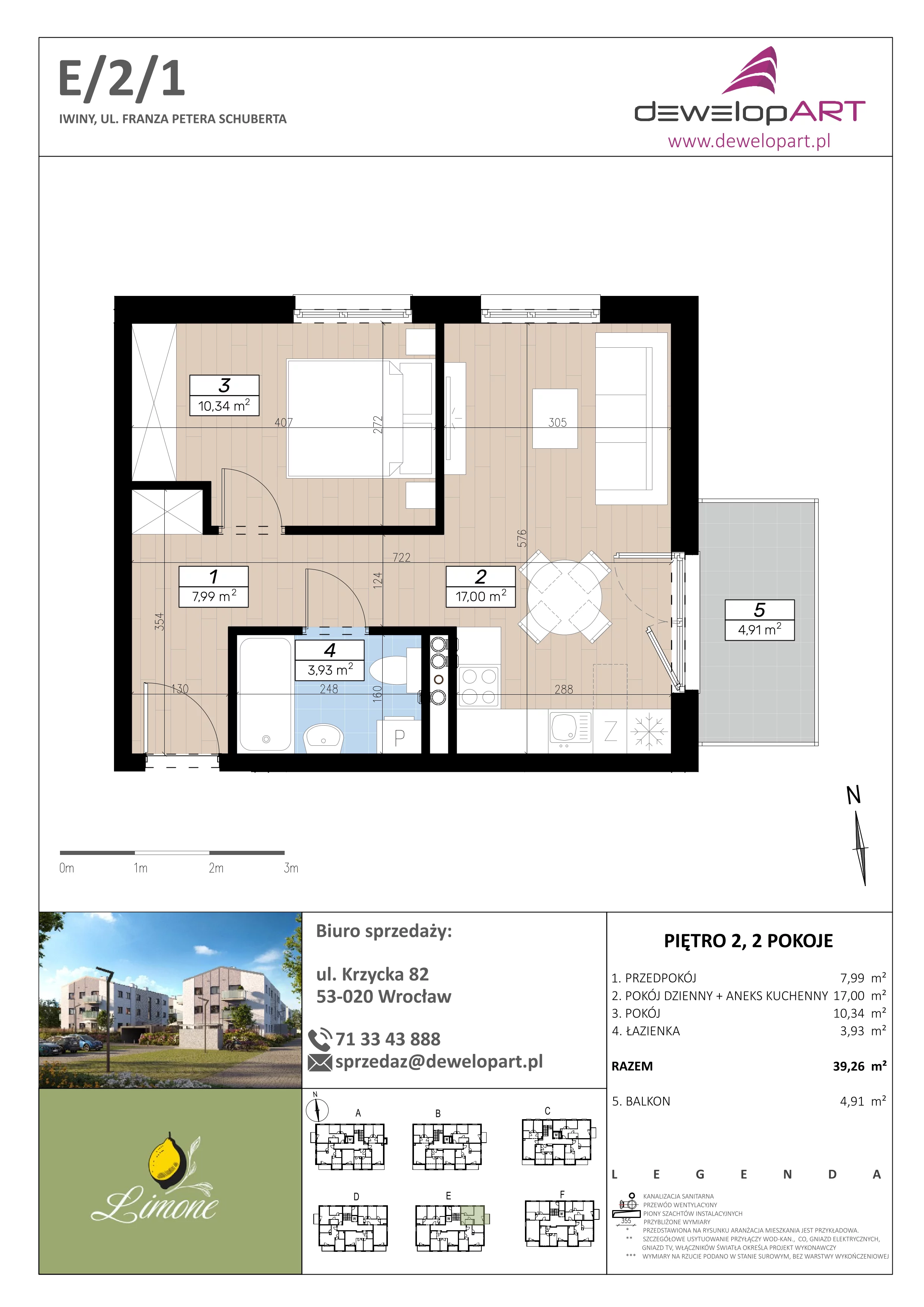 2 pokoje, mieszkanie 39,26 m², piętro 2, oferta nr E/2/1, Limone, Iwiny, ul. F. P. Schuberta