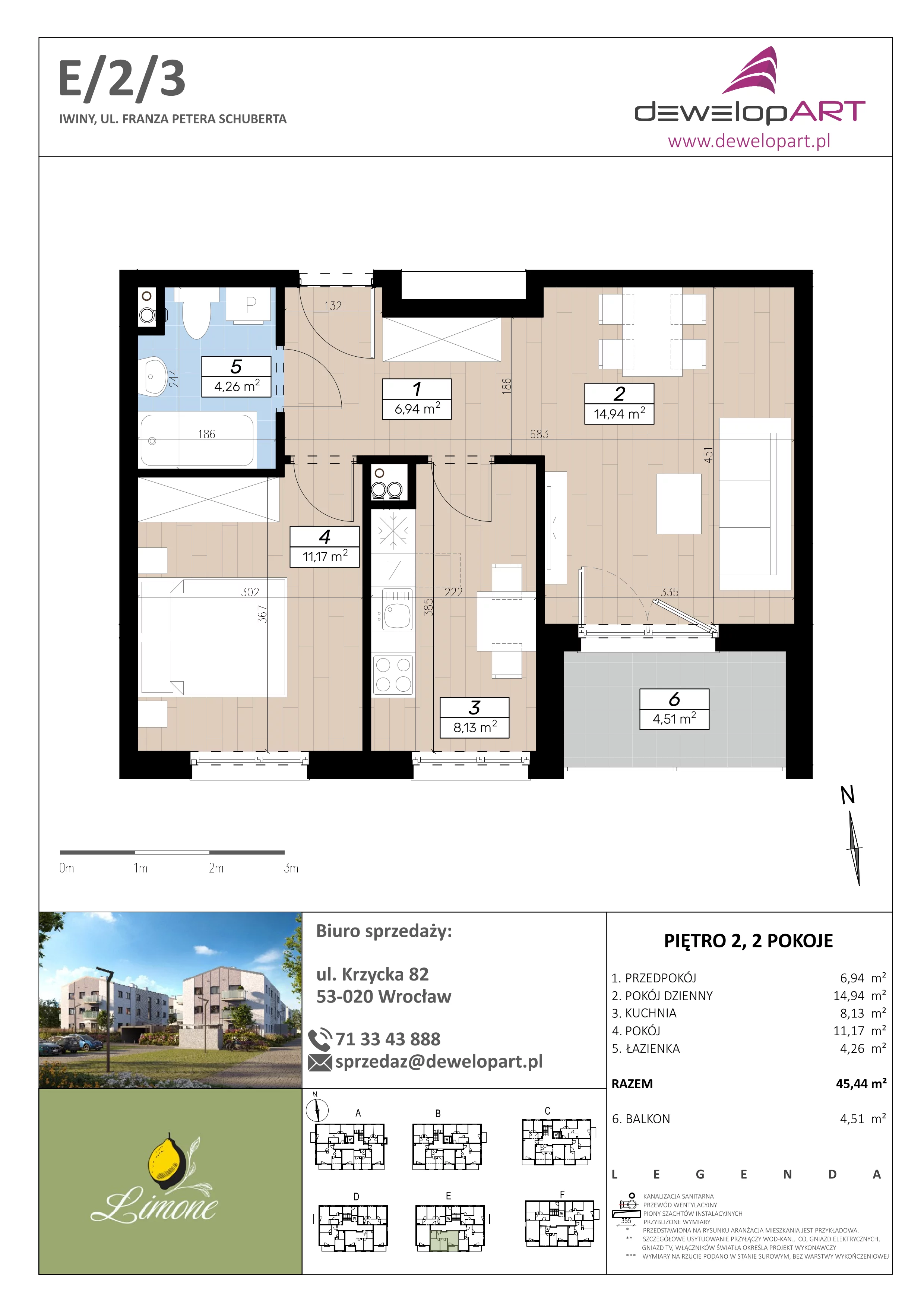 2 pokoje, mieszkanie 45,44 m², piętro 2, oferta nr E/2/3, Limone, Iwiny, ul. F. P. Schuberta