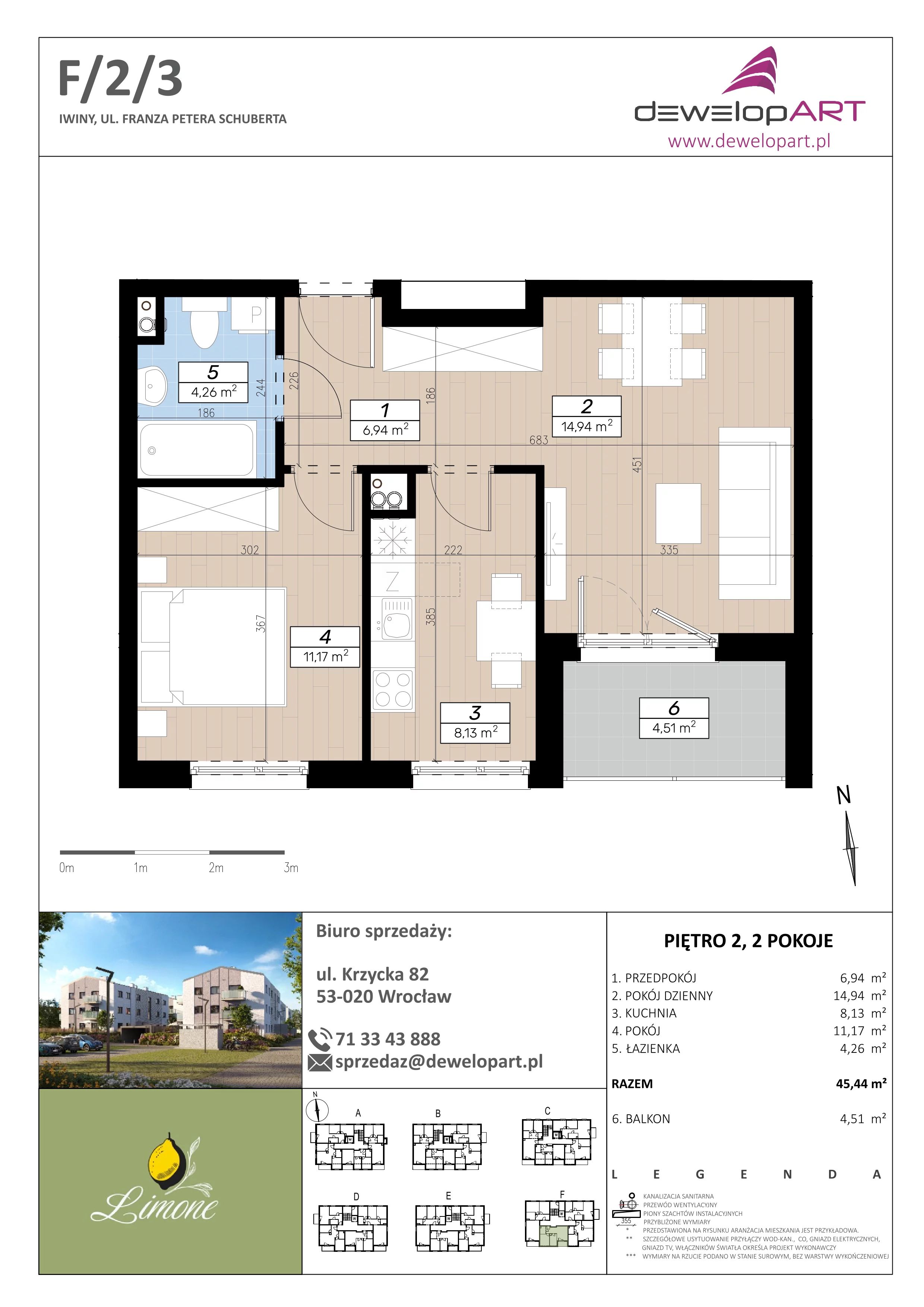 2 pokoje, mieszkanie 45,44 m², piętro 2, oferta nr F/2/3, Limone, Iwiny, ul. F. P. Schuberta