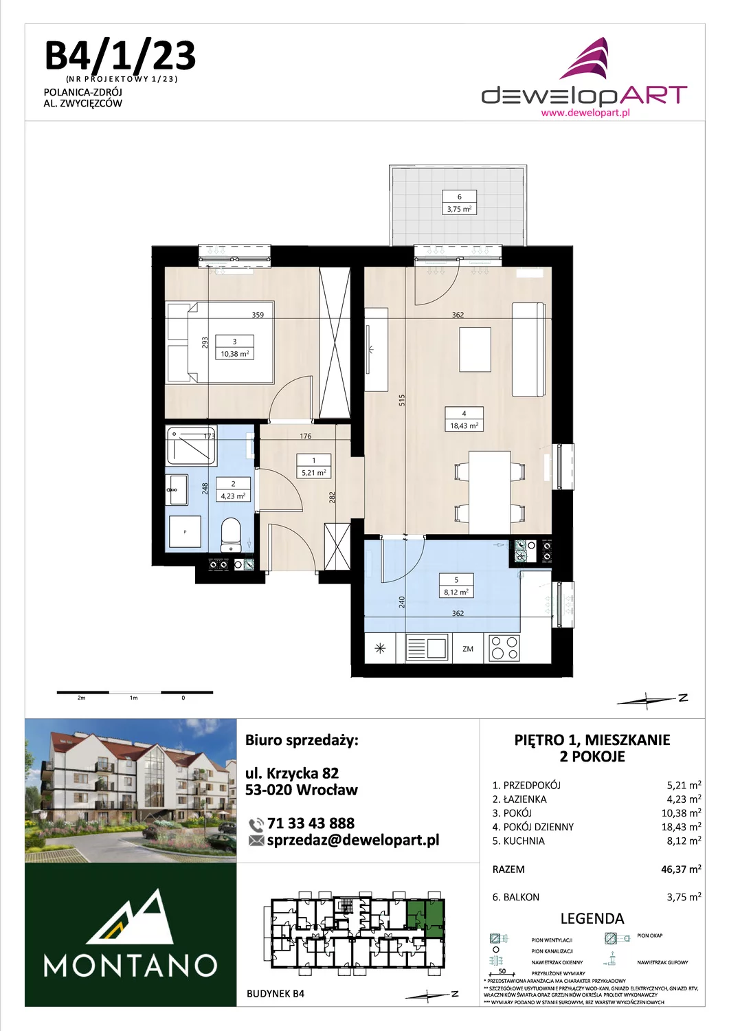 Mieszkanie 46,37 m², piętro 1, oferta nr B4/1/23, MONTANO, Polanica-Zdrój, al. Zwycięzców