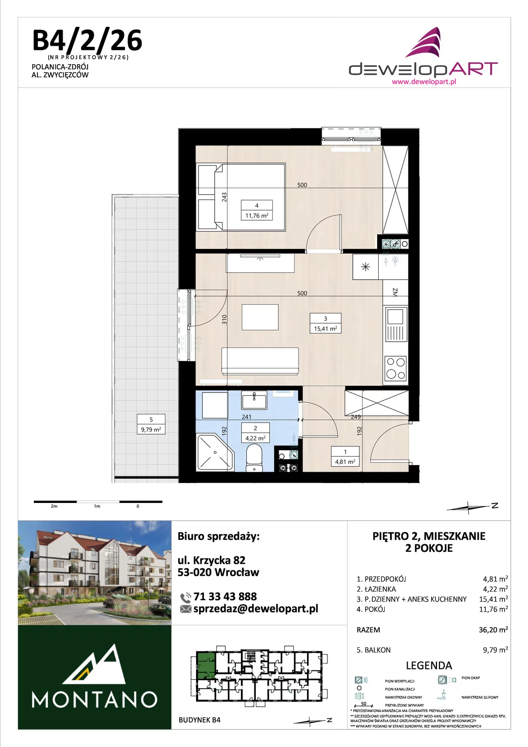 Mieszkanie 36,20 m², piętro 2, oferta nr B4/2/26, MONTANO, Polanica-Zdrój, al. Zwycięzców