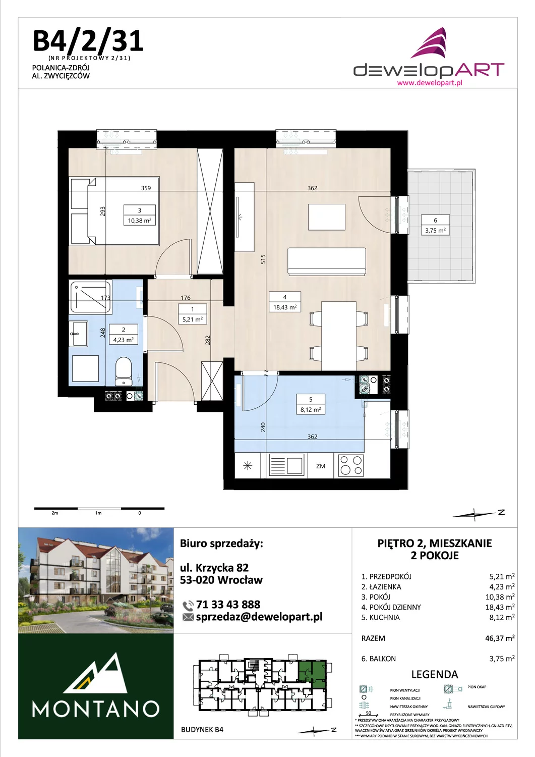 Mieszkanie 46,39 m², piętro 2, oferta nr B4/2/31, MONTANO, Polanica-Zdrój, al. Zwycięzców