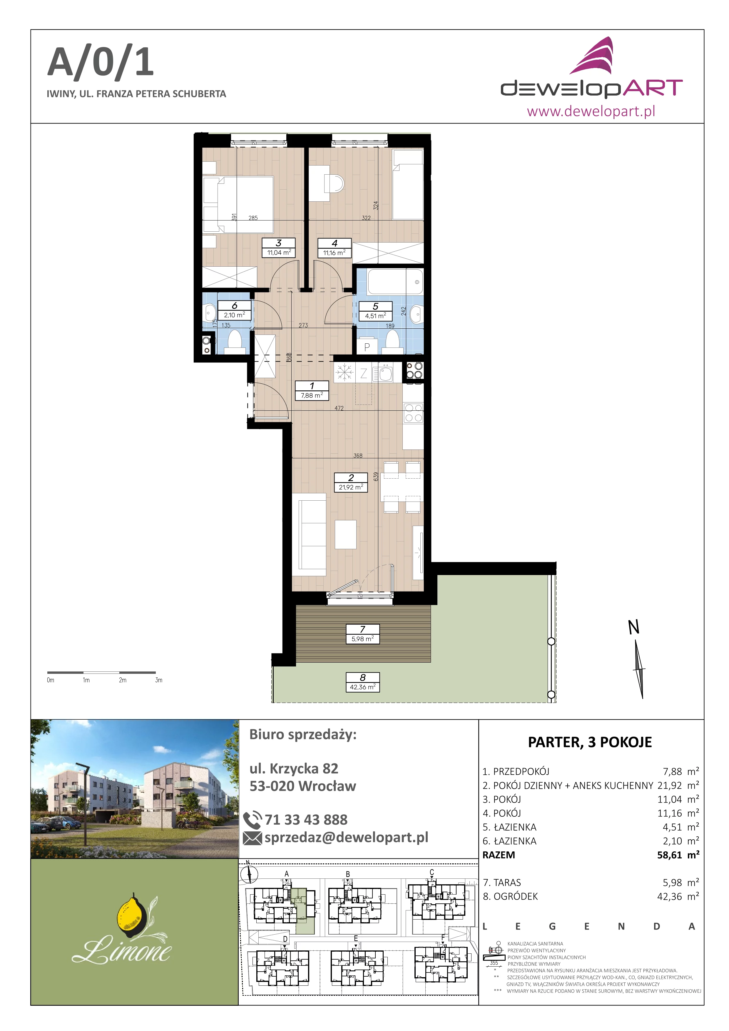 3 pokoje, mieszkanie 58,61 m², piętro 1, oferta nr B/1/4, Limone, Iwiny, ul. F. P. Schuberta