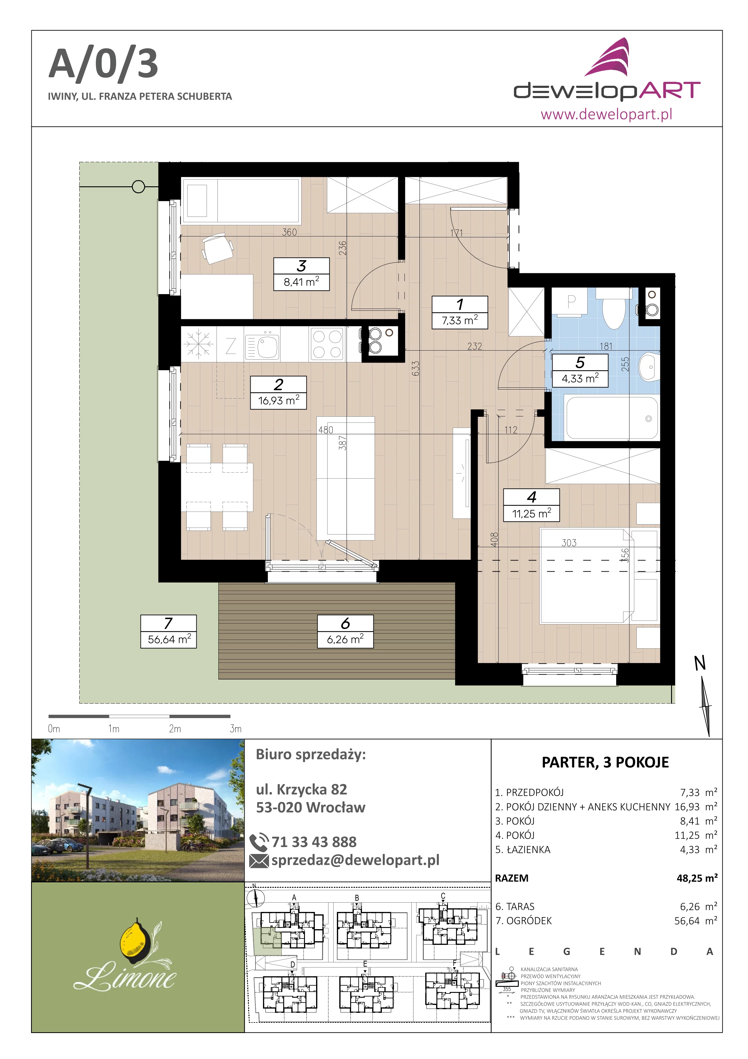 3 pokoje, mieszkanie 48,25 m², parter, oferta nr A/0/3, Limone, Iwiny, ul. F. P. Schuberta