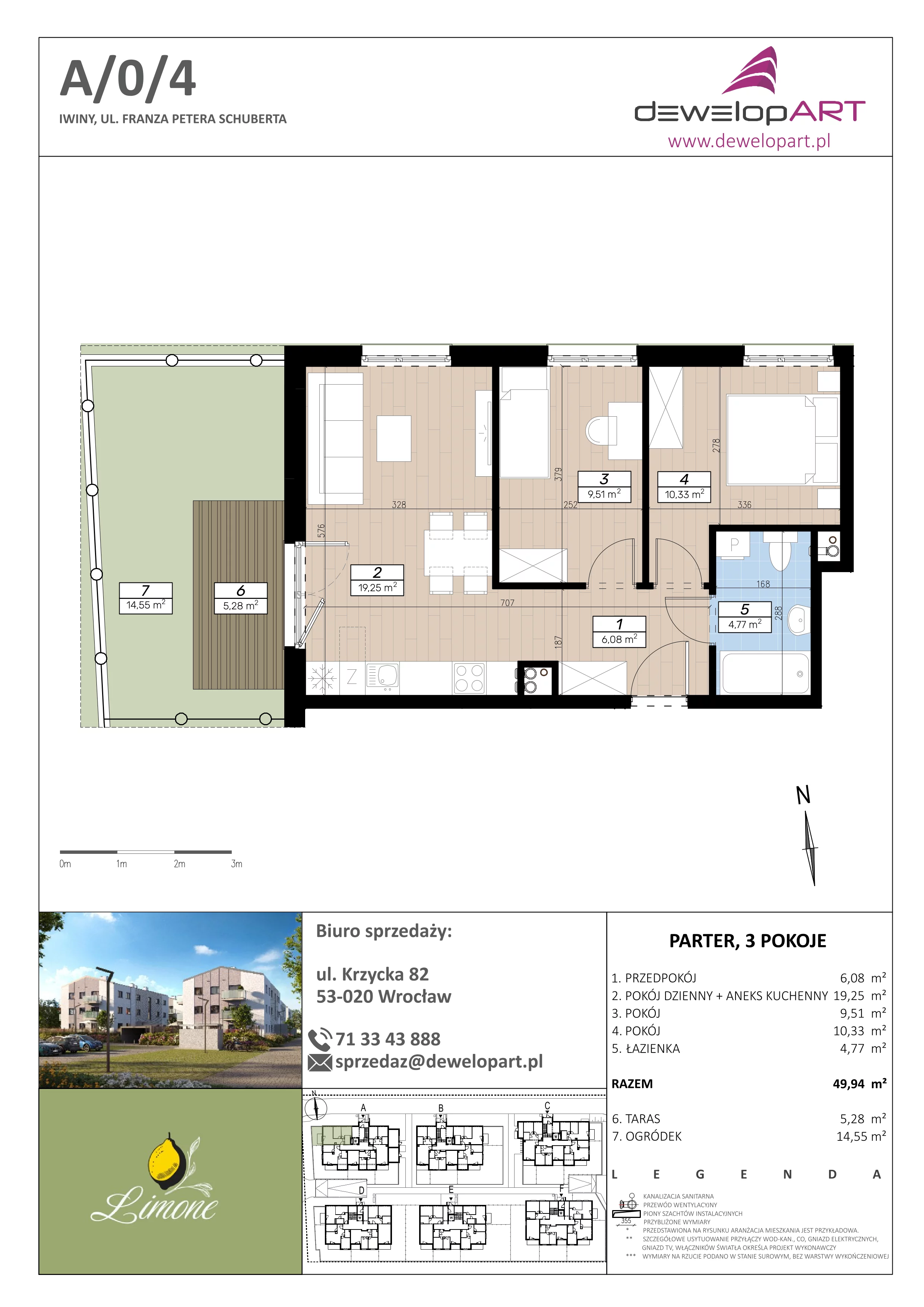 3 pokoje, mieszkanie 49,94 m², parter, oferta nr A/0/4, Limone, Iwiny, ul. F. P. Schuberta