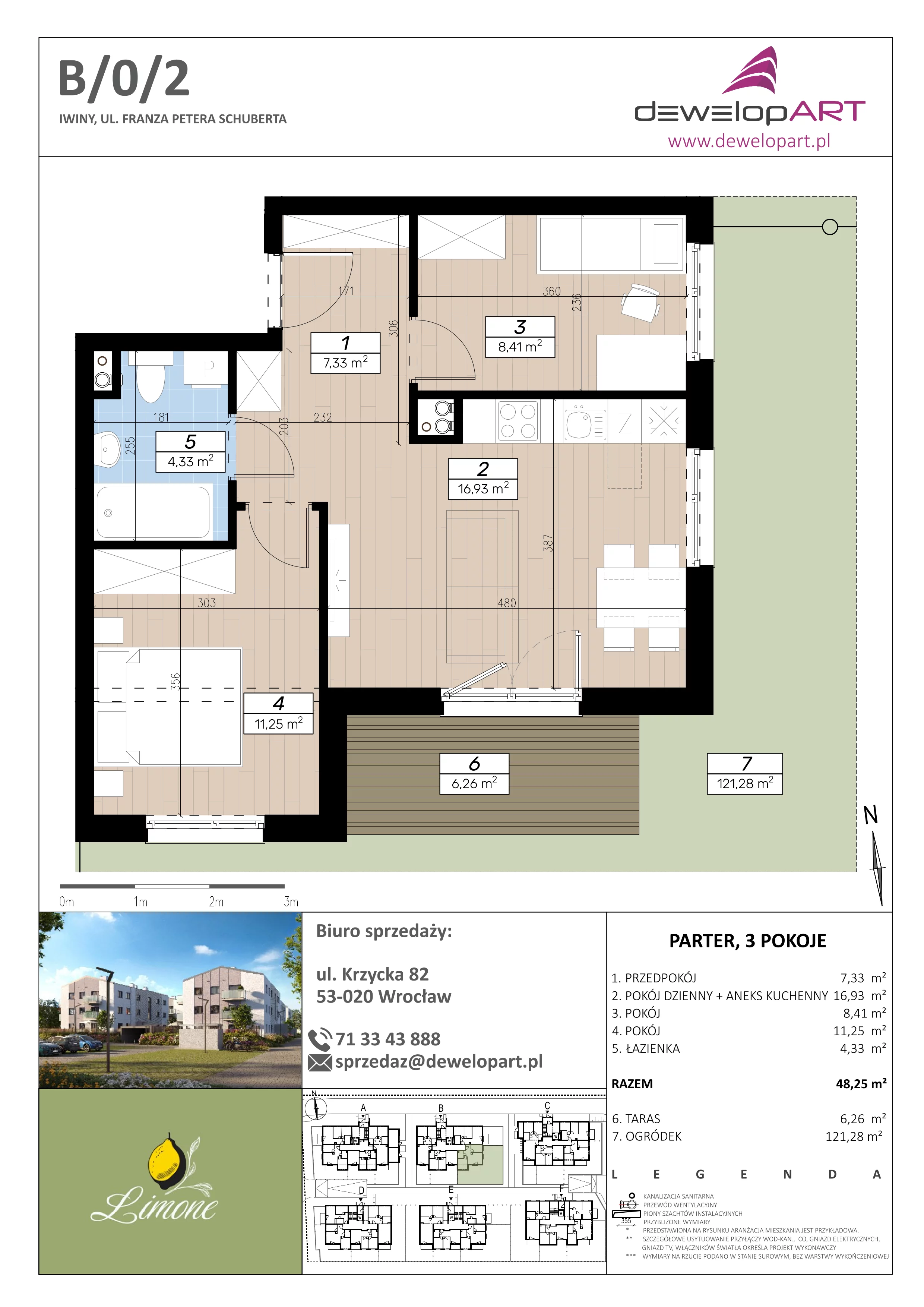 3 pokoje, mieszkanie 48,25 m², parter, oferta nr B/0/2, Limone, Iwiny, ul. F. P. Schuberta