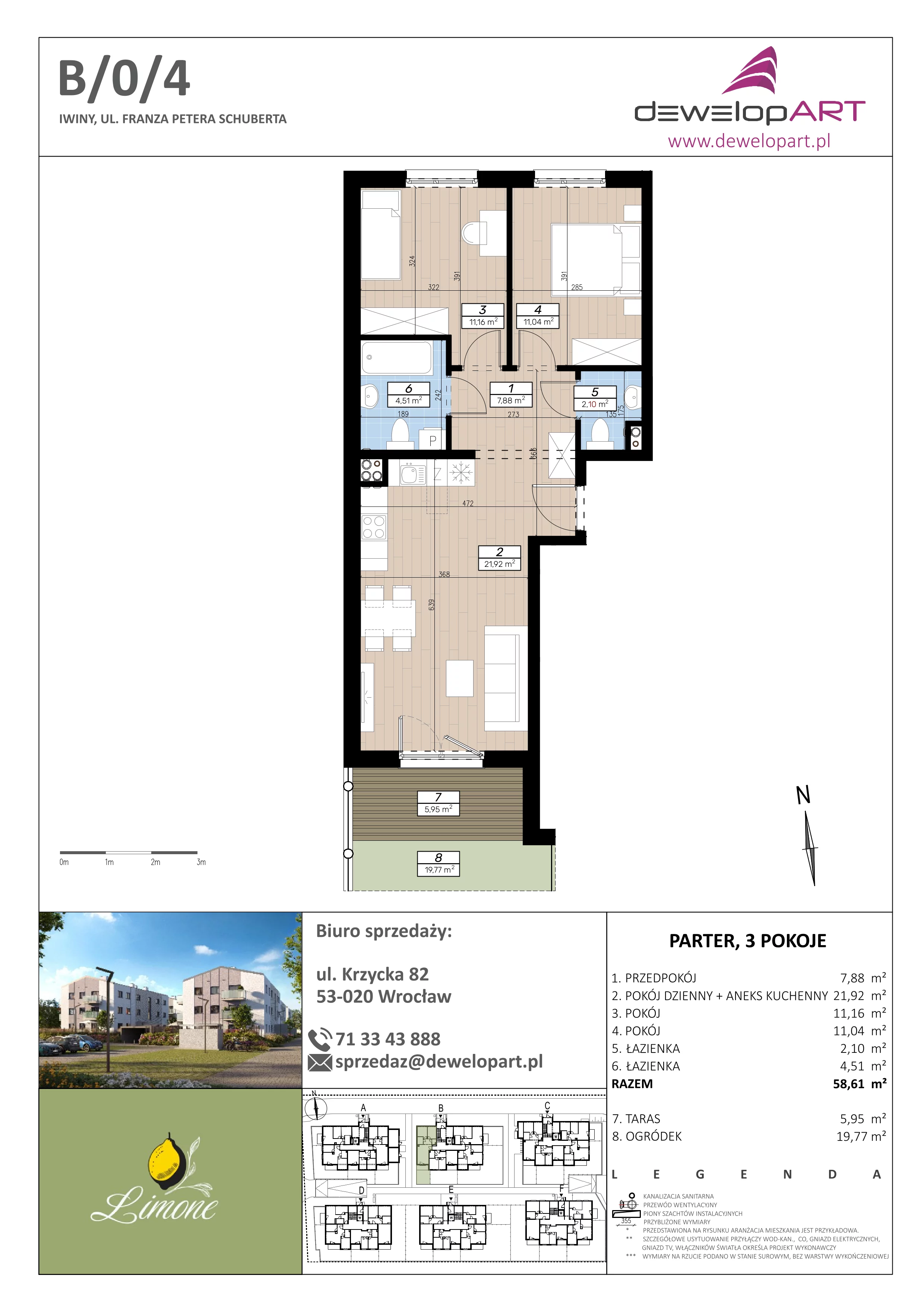 3 pokoje, mieszkanie 58,61 m², parter, oferta nr B/0/4, Limone, Iwiny, ul. F. P. Schuberta