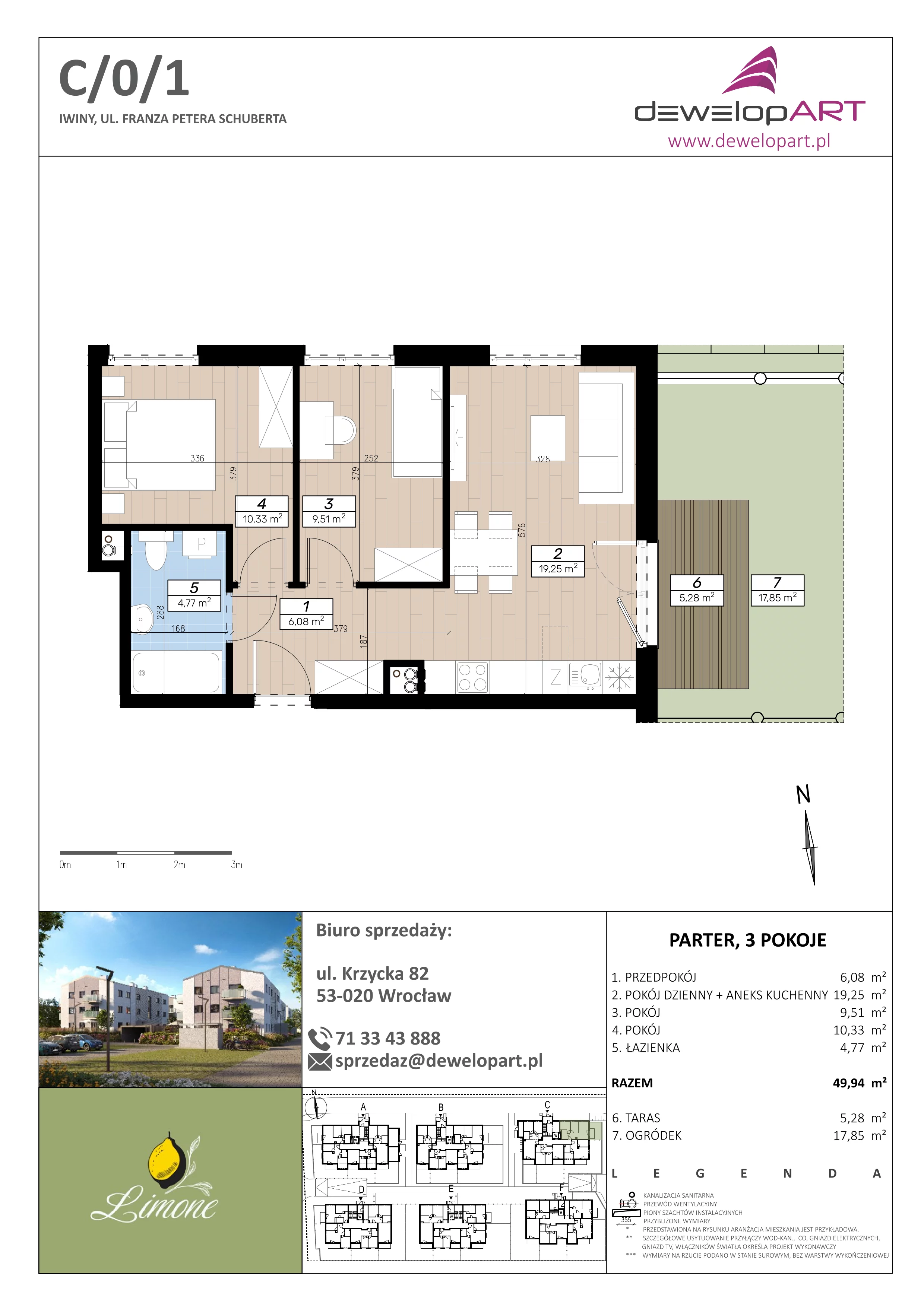 3 pokoje, mieszkanie 49,94 m², parter, oferta nr C/0/1, Limone, Iwiny, ul. F. P. Schuberta