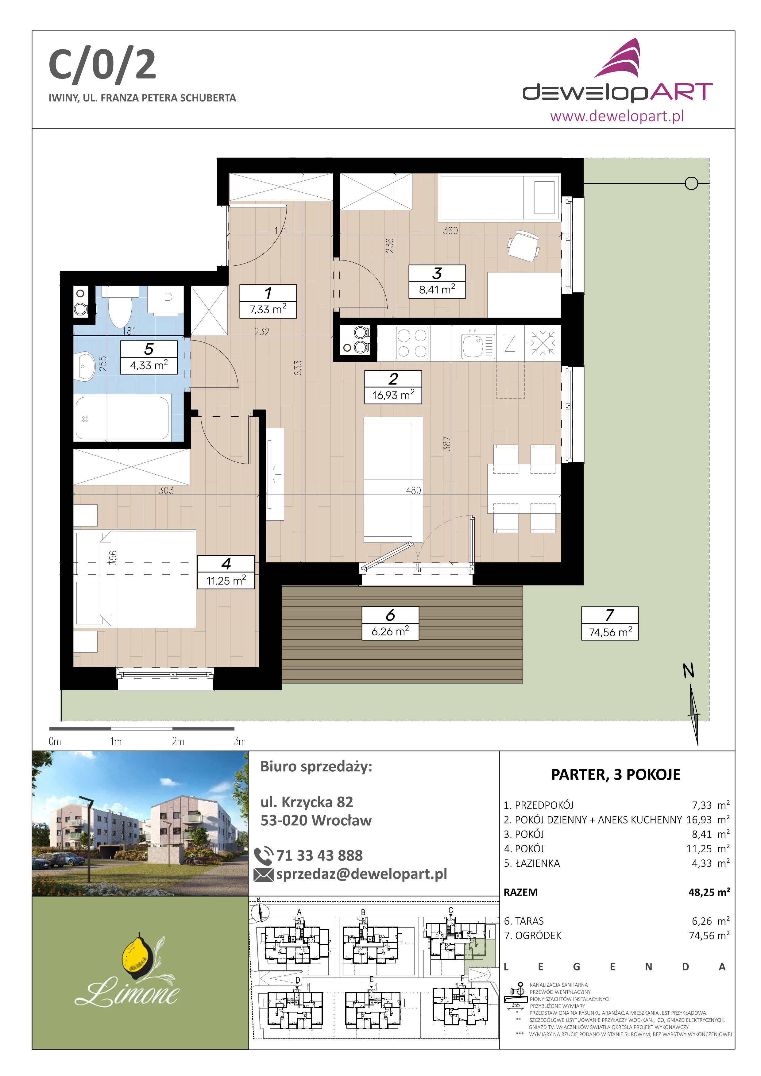 3 pokoje, mieszkanie 48,25 m², parter, oferta nr C/0/2, Limone, Iwiny, ul. F. P. Schuberta