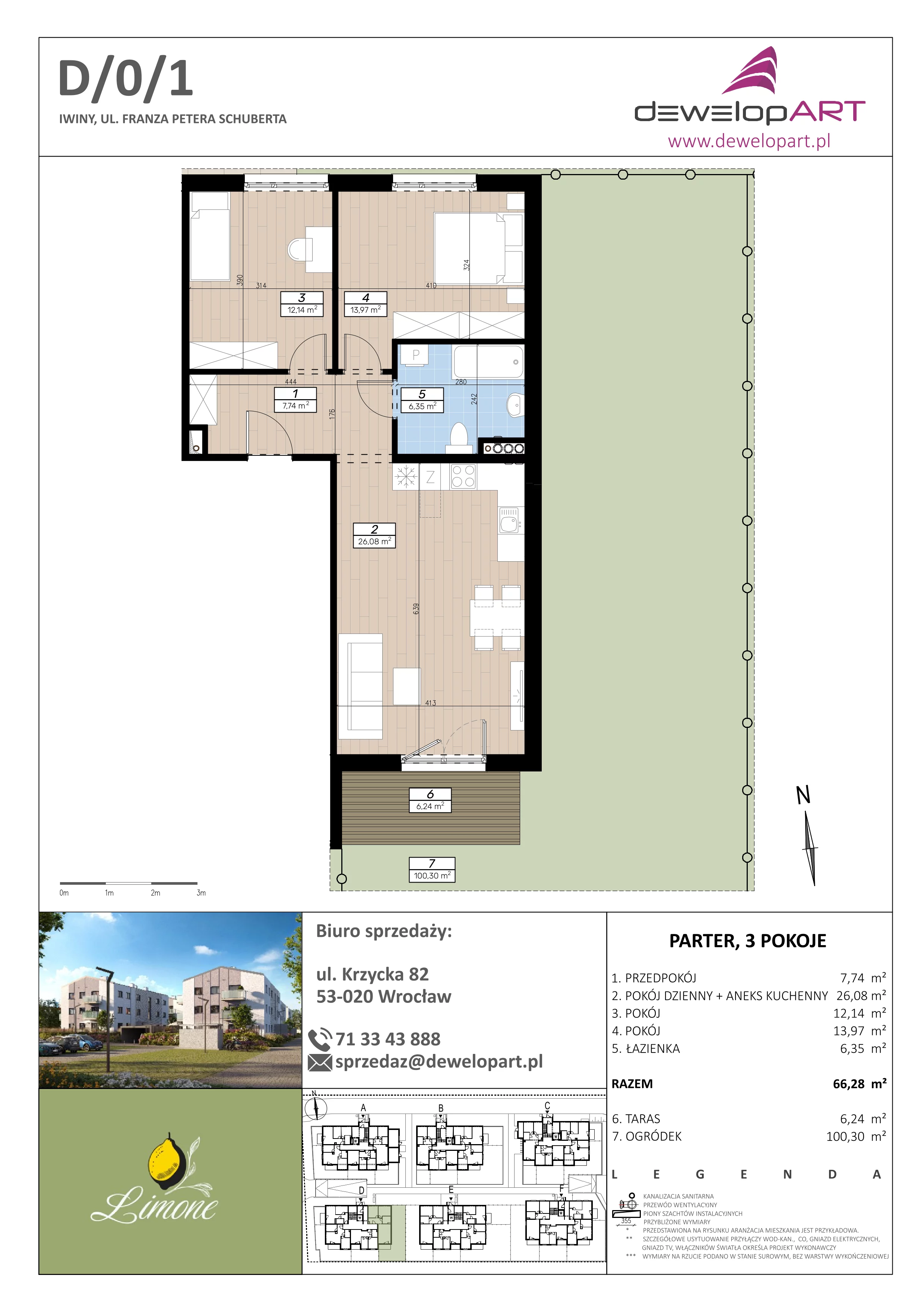 3 pokoje, mieszkanie 66,79 m², piętro 1, oferta nr F/1/4, Limone, Iwiny, ul. F. P. Schuberta