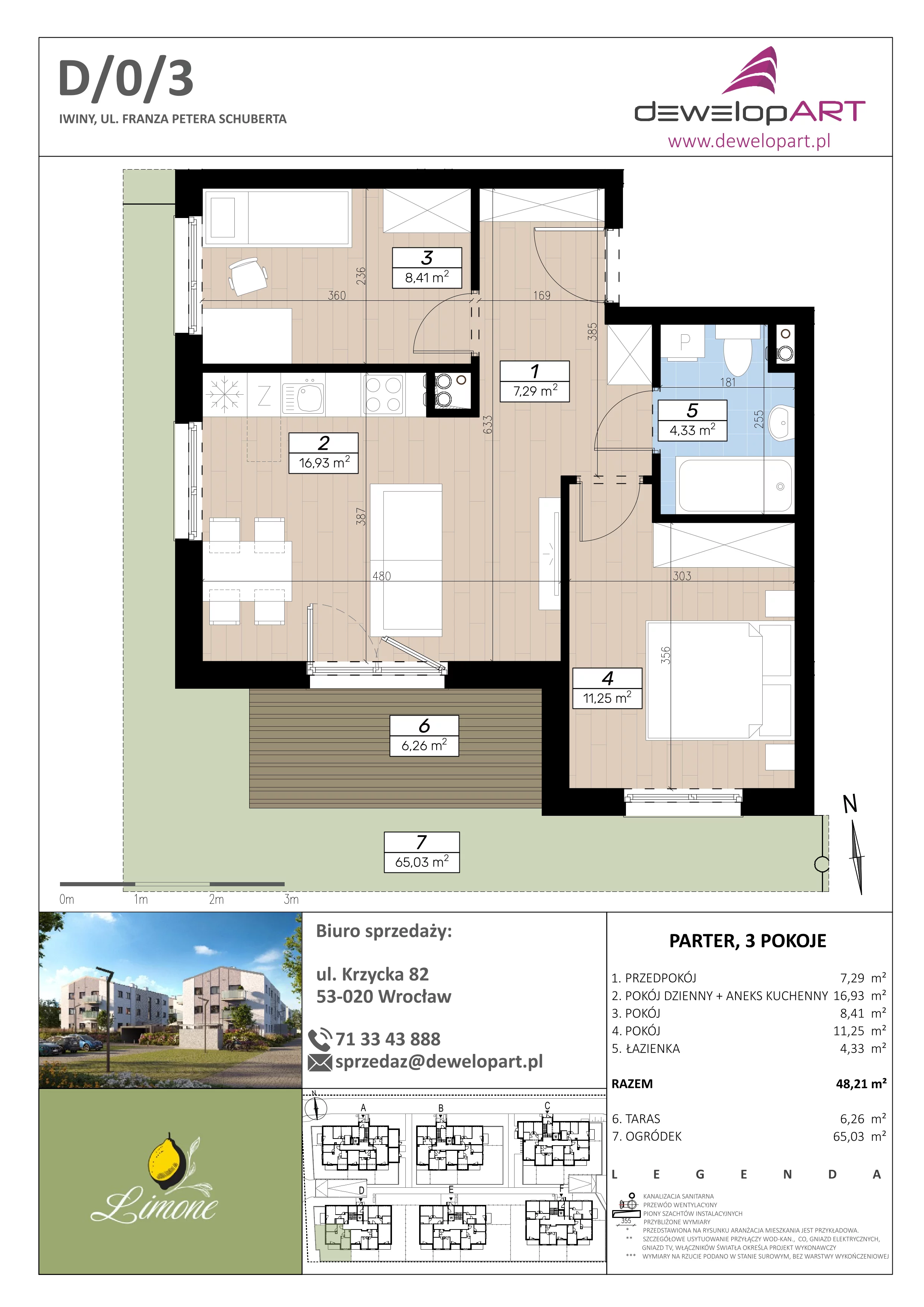 3 pokoje, mieszkanie 48,21 m², parter, oferta nr D/0/3, Limone, Iwiny, ul. F. P. Schuberta
