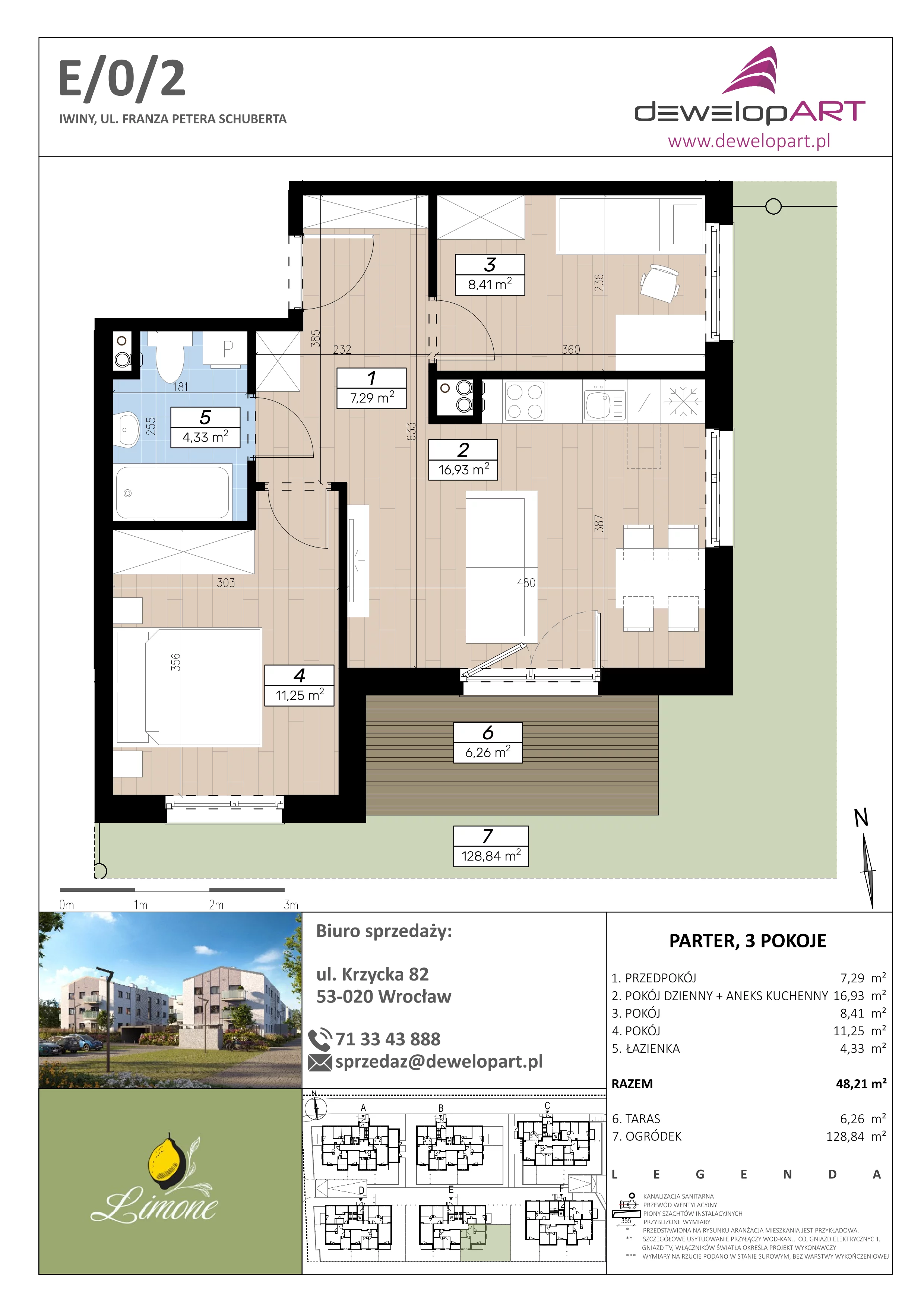 3 pokoje, mieszkanie 48,21 m², parter, oferta nr E/0/2, Limone, Iwiny, ul. F. P. Schuberta