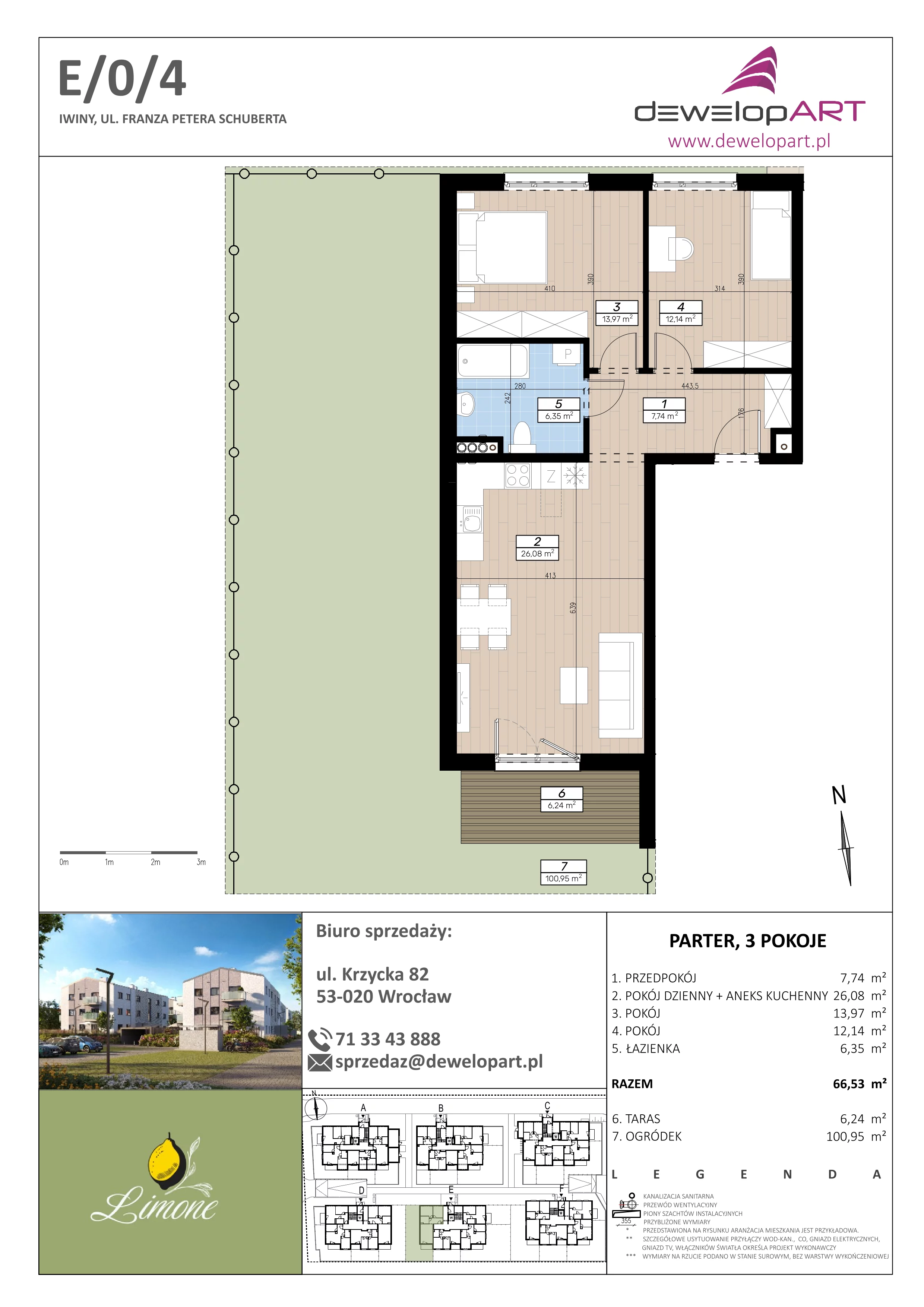 3 pokoje, mieszkanie 66,28 m², parter, oferta nr E/0/4, Limone, Iwiny, ul. F. P. Schuberta
