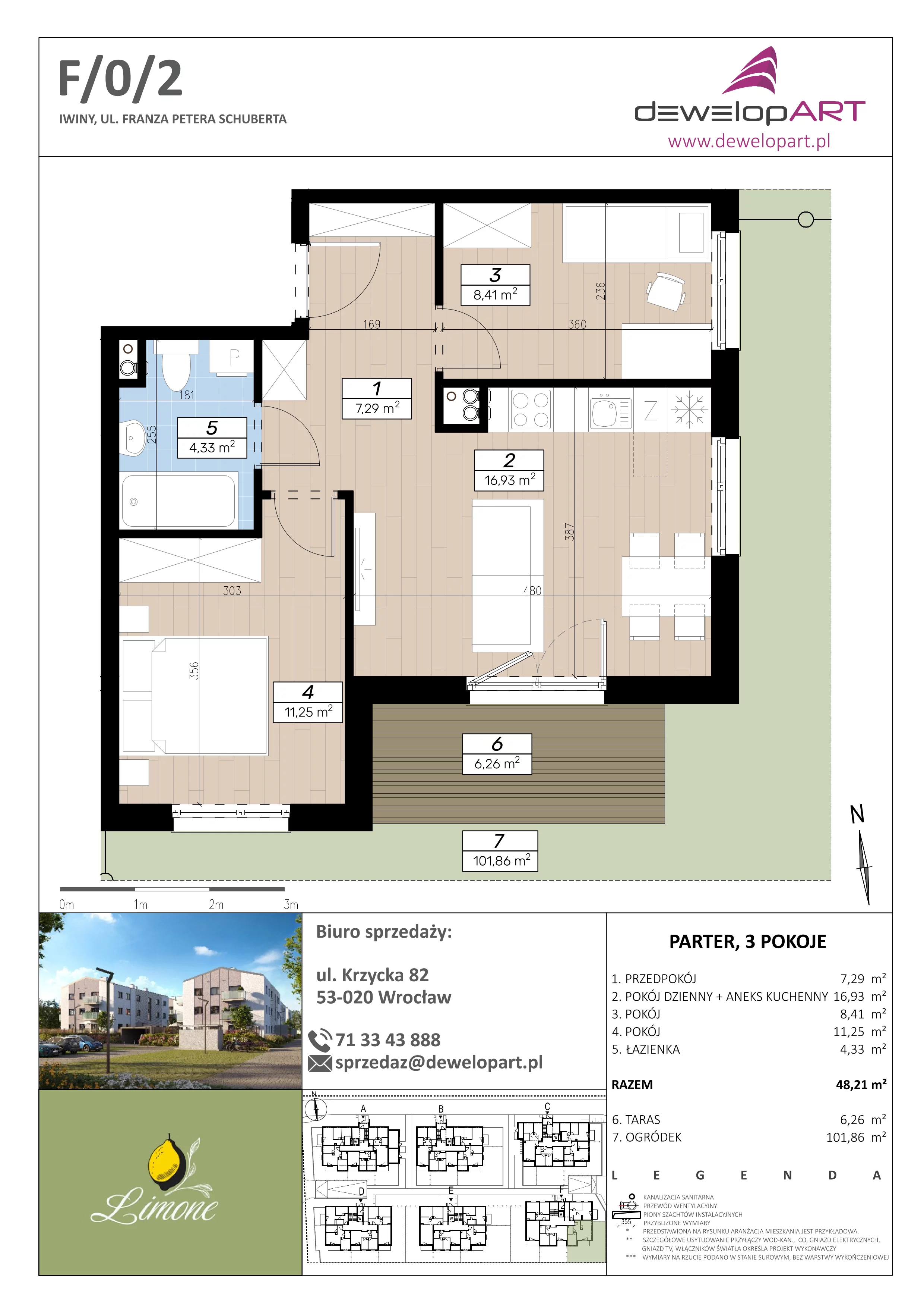3 pokoje, mieszkanie 48,21 m², parter, oferta nr F/0/2, Limone, Iwiny, ul. F. P. Schuberta