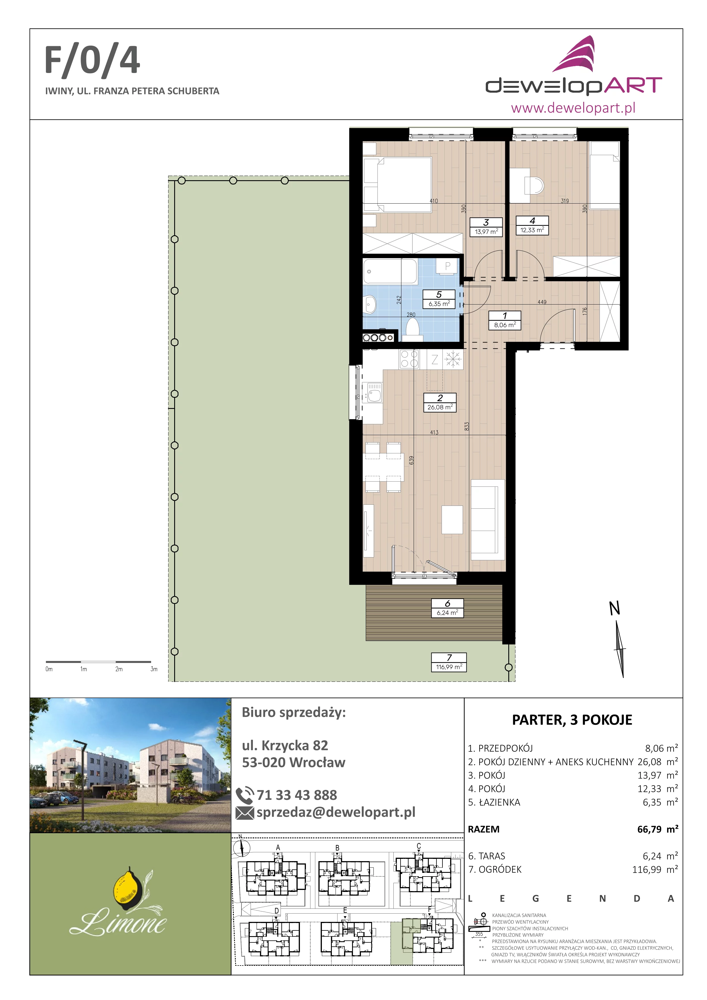 3 pokoje, mieszkanie 66,79 m², parter, oferta nr F/0/4, Limone, Iwiny, ul. F. P. Schuberta