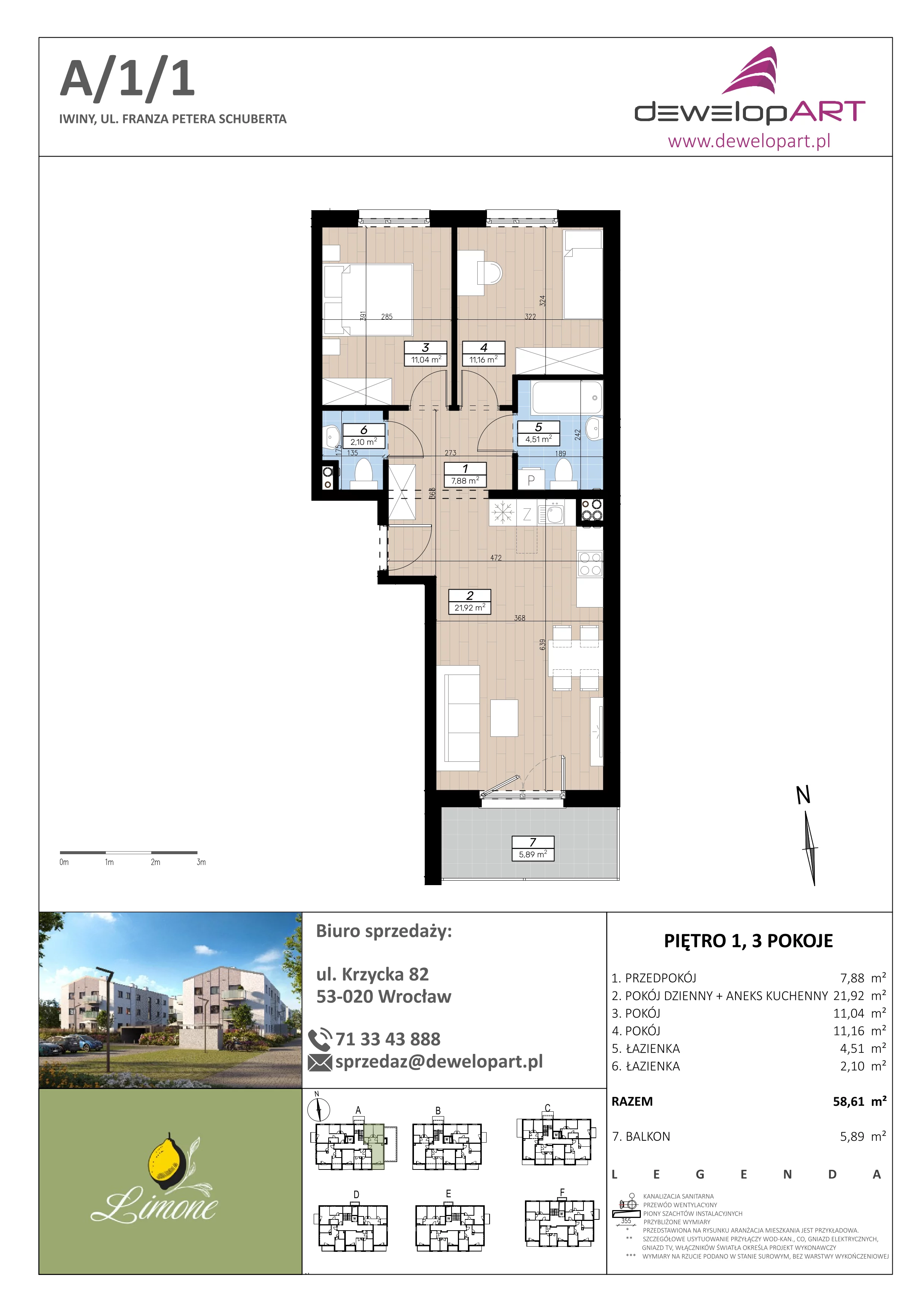 3 pokoje, mieszkanie 58,61 m², piętro 1, oferta nr A/1/1, Limone, Iwiny, ul. F. P. Schuberta