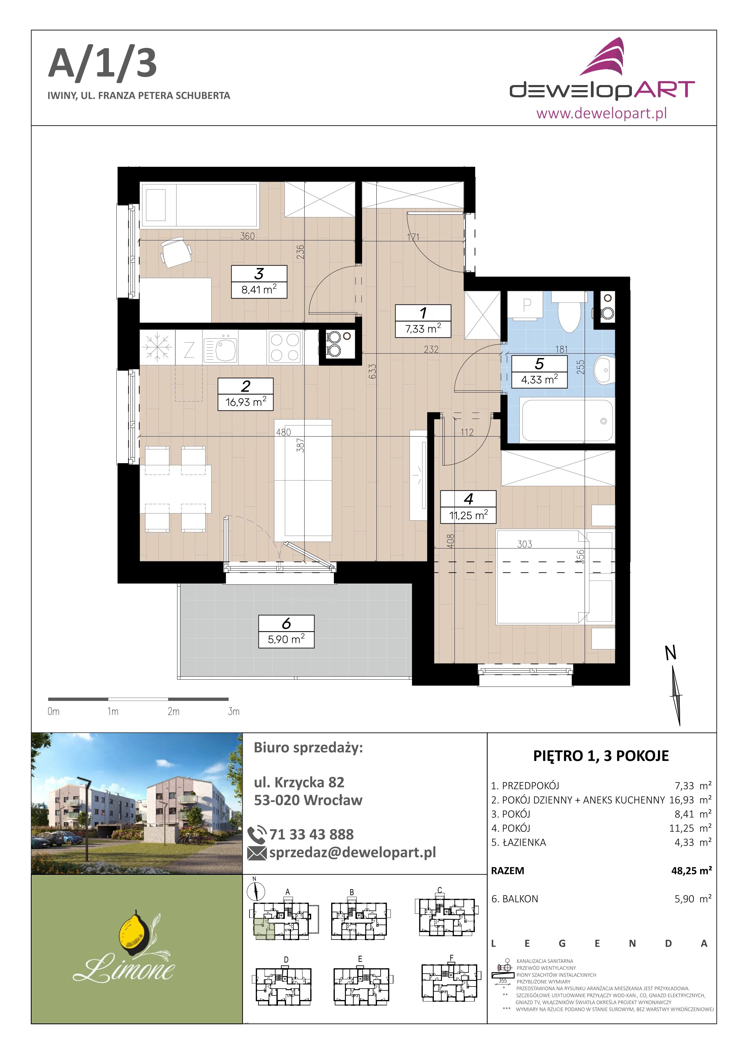 3 pokoje, mieszkanie 48,25 m², piętro 1, oferta nr A/1/3, Limone, Iwiny, ul. F. P. Schuberta