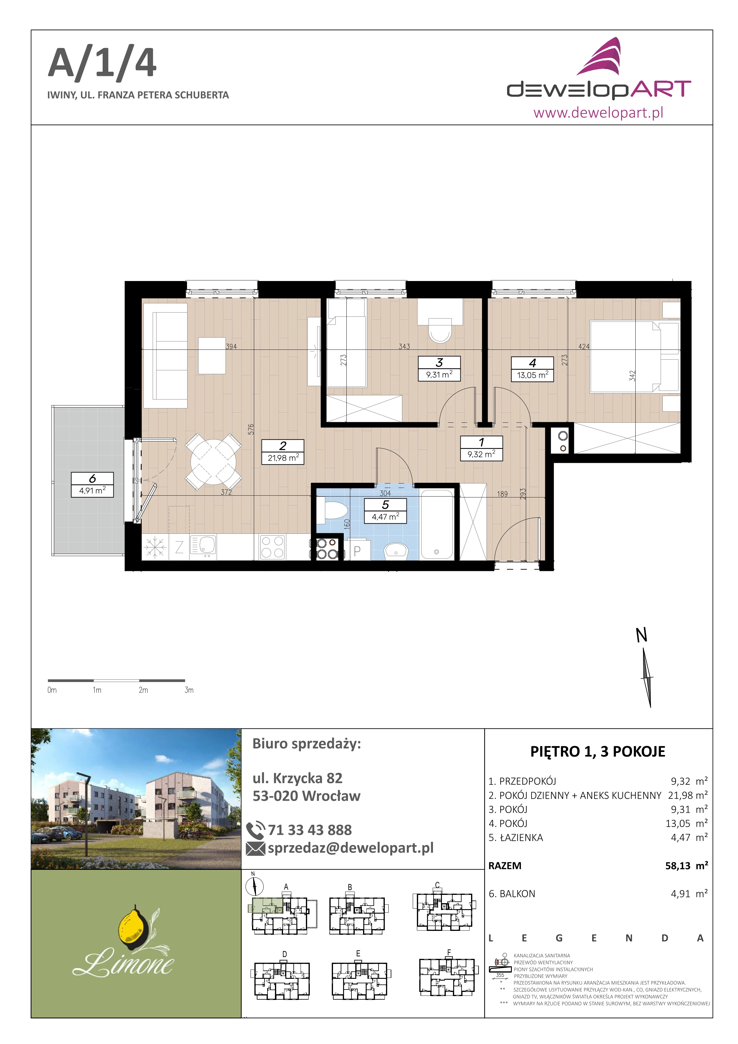 3 pokoje, mieszkanie 58,13 m², piętro 1, oferta nr A/1/4, Limone, Iwiny, ul. F. P. Schuberta