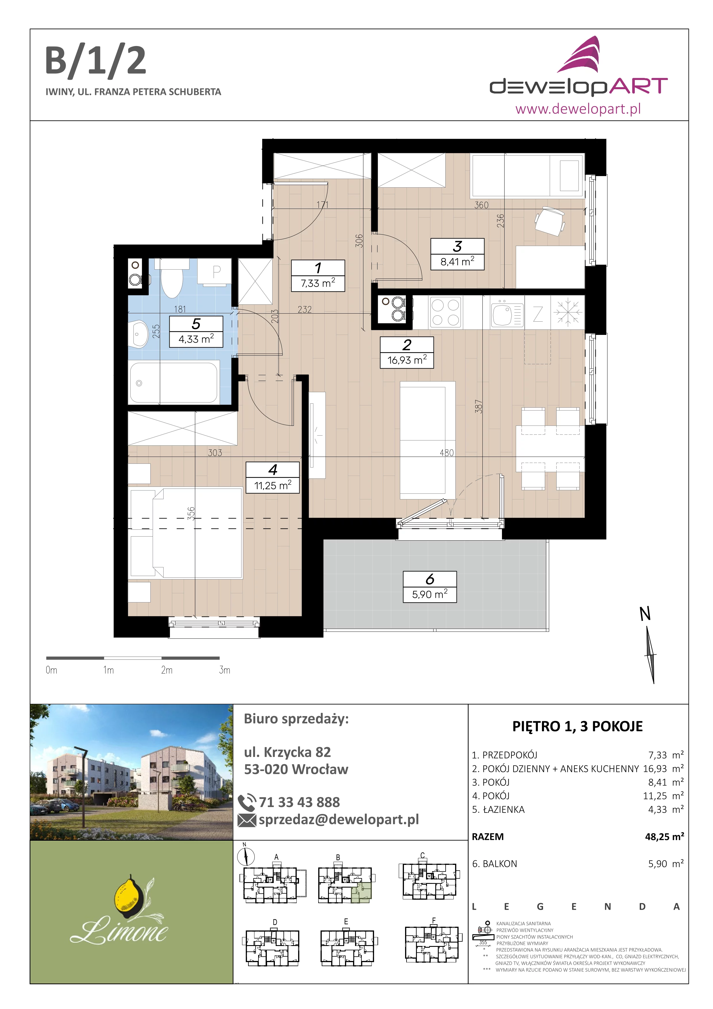 3 pokoje, mieszkanie 48,25 m², piętro 1, oferta nr B/1/2, Limone, Iwiny, ul. F. P. Schuberta