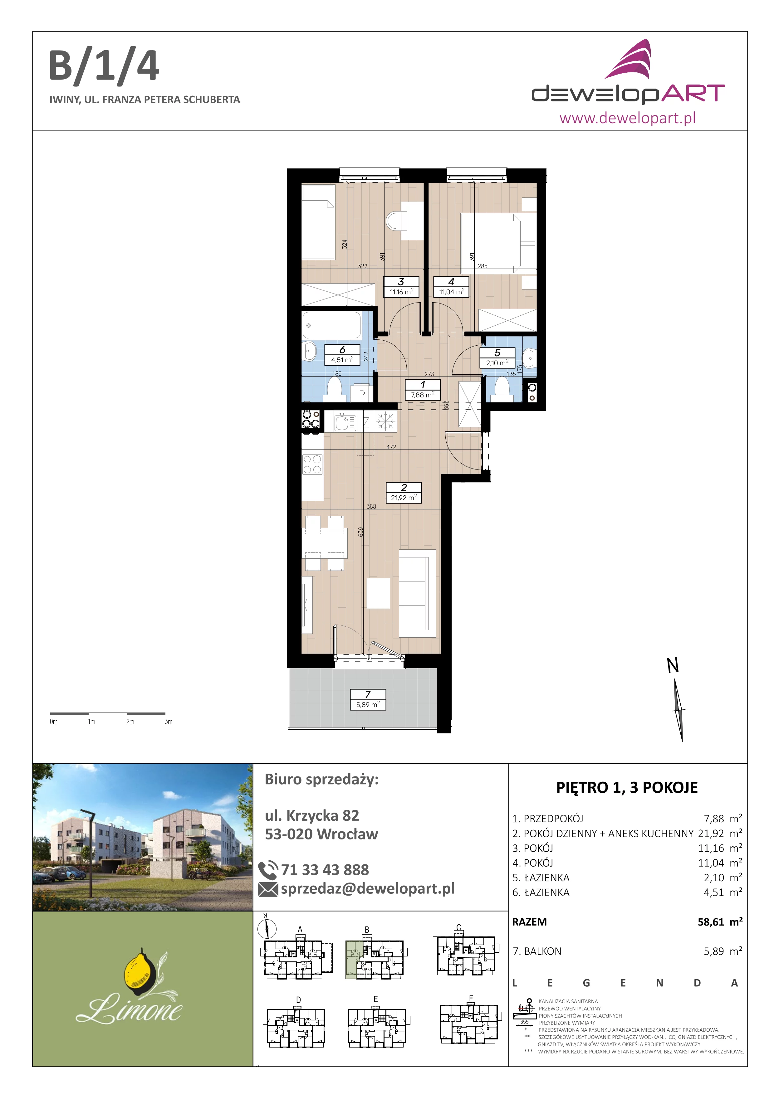 3 pokoje, mieszkanie 58,61 m², piętro 1, oferta nr B/1/4, Limone, Iwiny, ul. F. P. Schuberta
