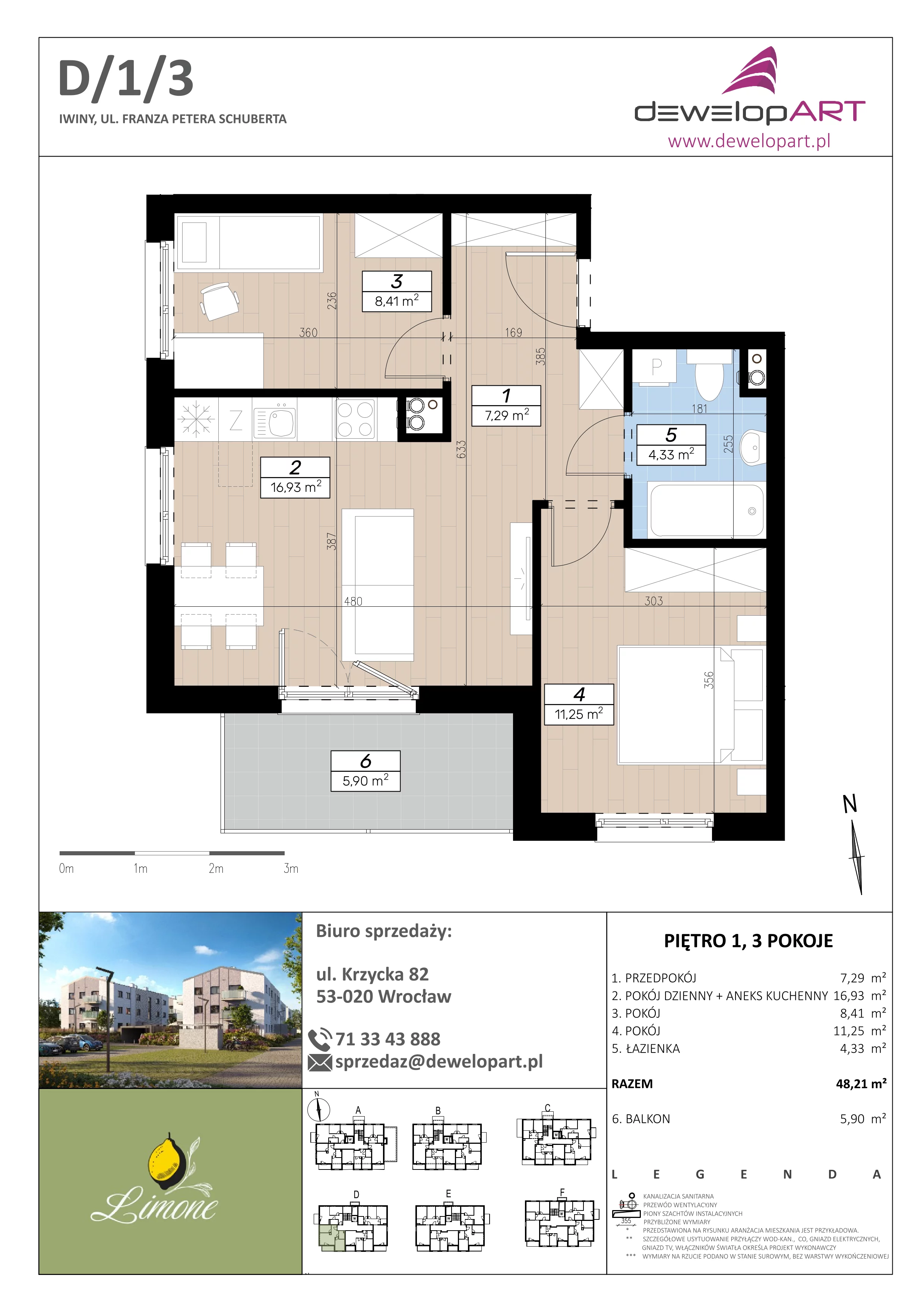 3 pokoje, mieszkanie 48,21 m², piętro 1, oferta nr D/1/3, Limone, Iwiny, ul. F. P. Schuberta