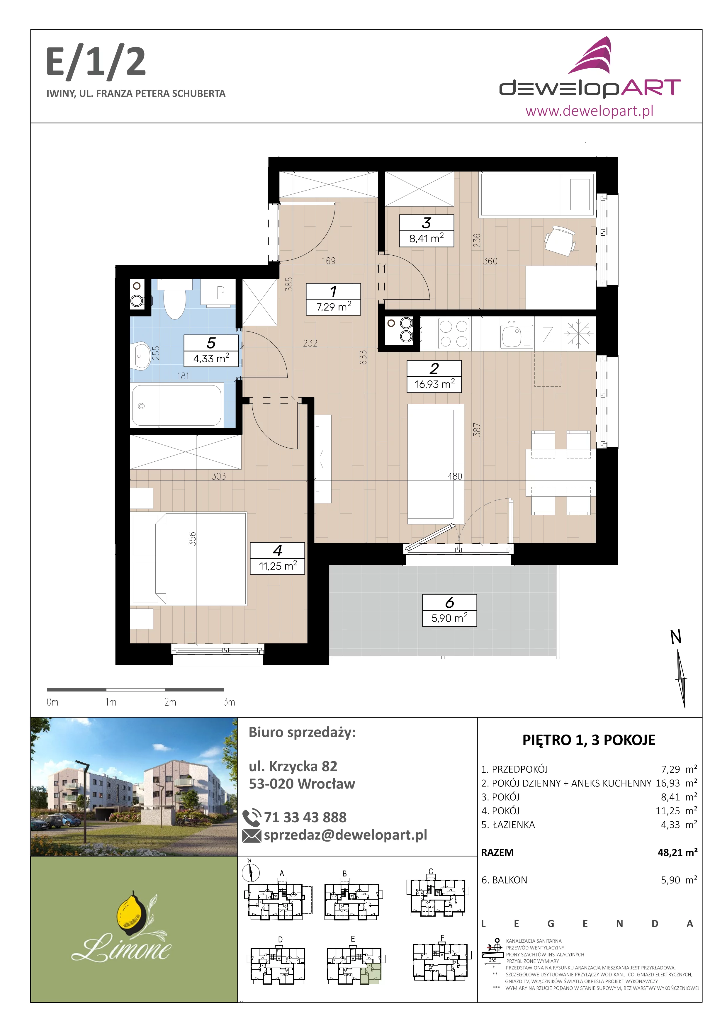 3 pokoje, mieszkanie 48,21 m², piętro 1, oferta nr E/1/2, Limone, Iwiny, ul. F. P. Schuberta