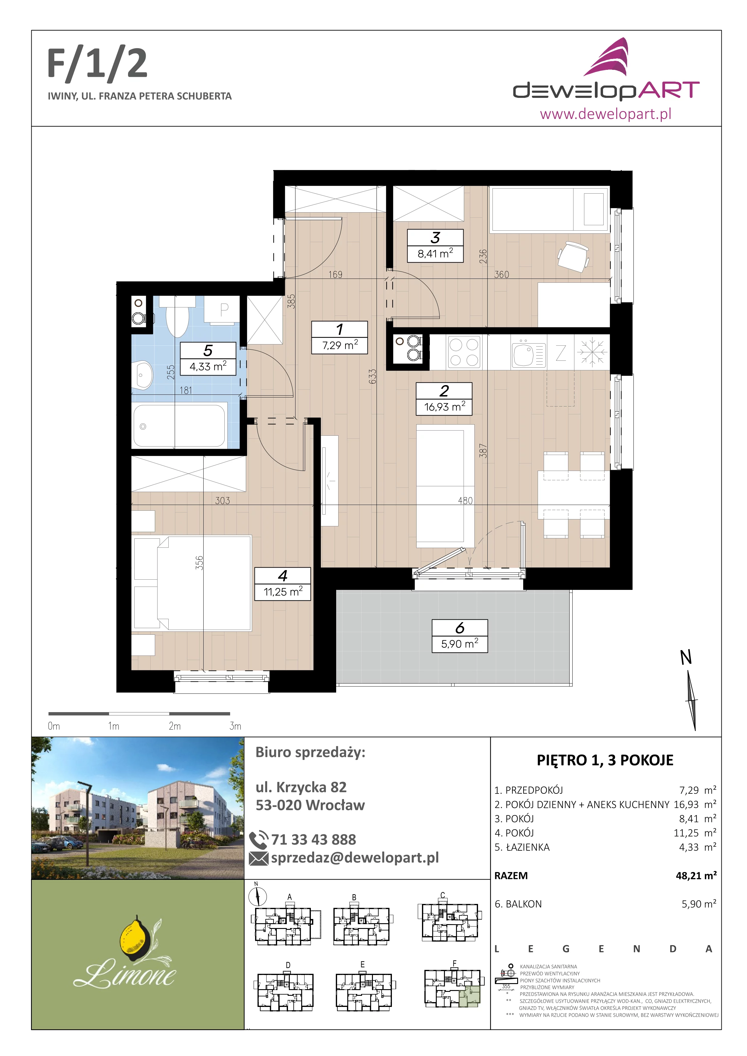 3 pokoje, mieszkanie 48,21 m², piętro 1, oferta nr F/1/2, Limone, Iwiny, ul. F. P. Schuberta