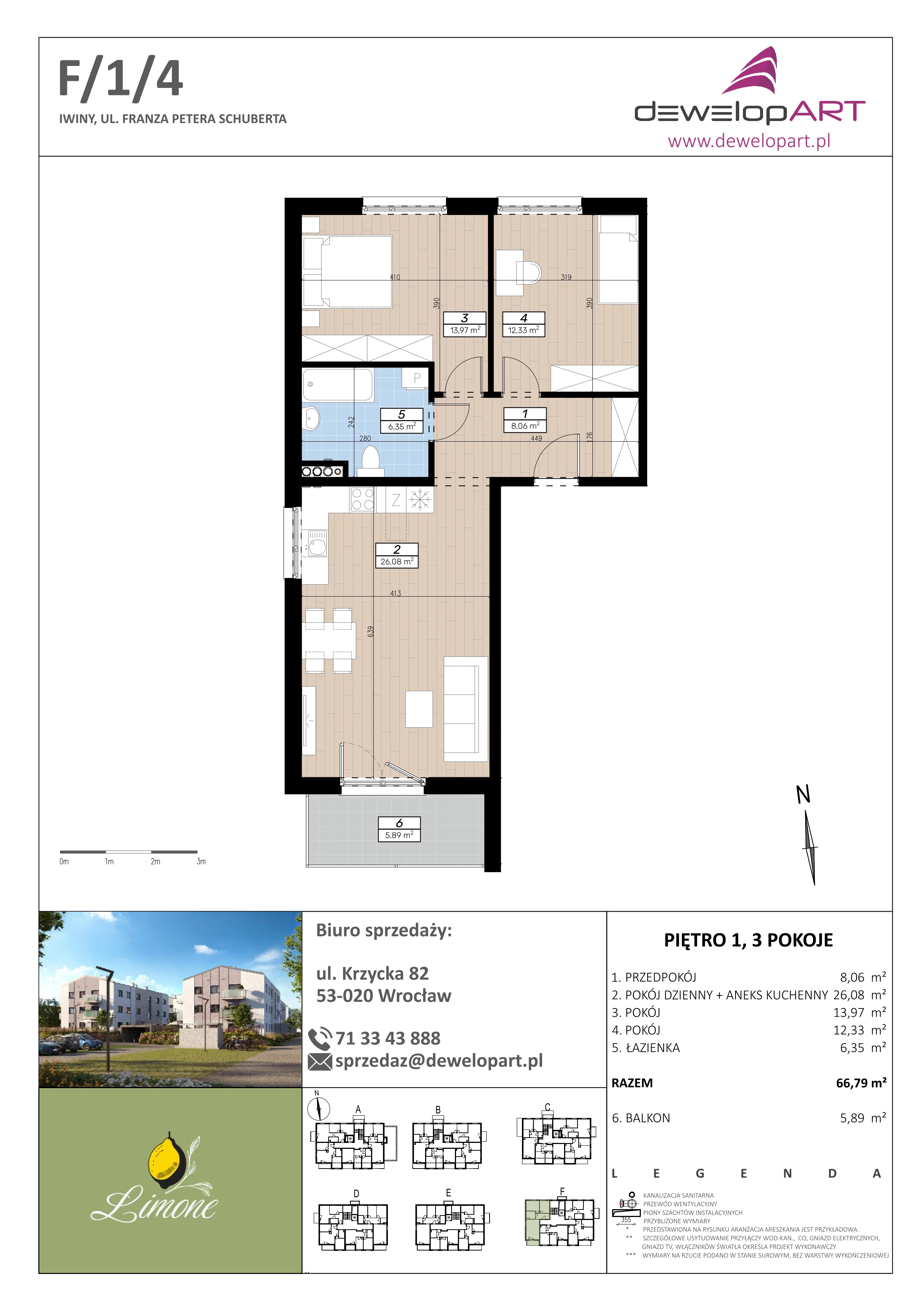 3 pokoje, mieszkanie 66,79 m², piętro 1, oferta nr F/1/4, Limone, Iwiny, ul. F. P. Schuberta