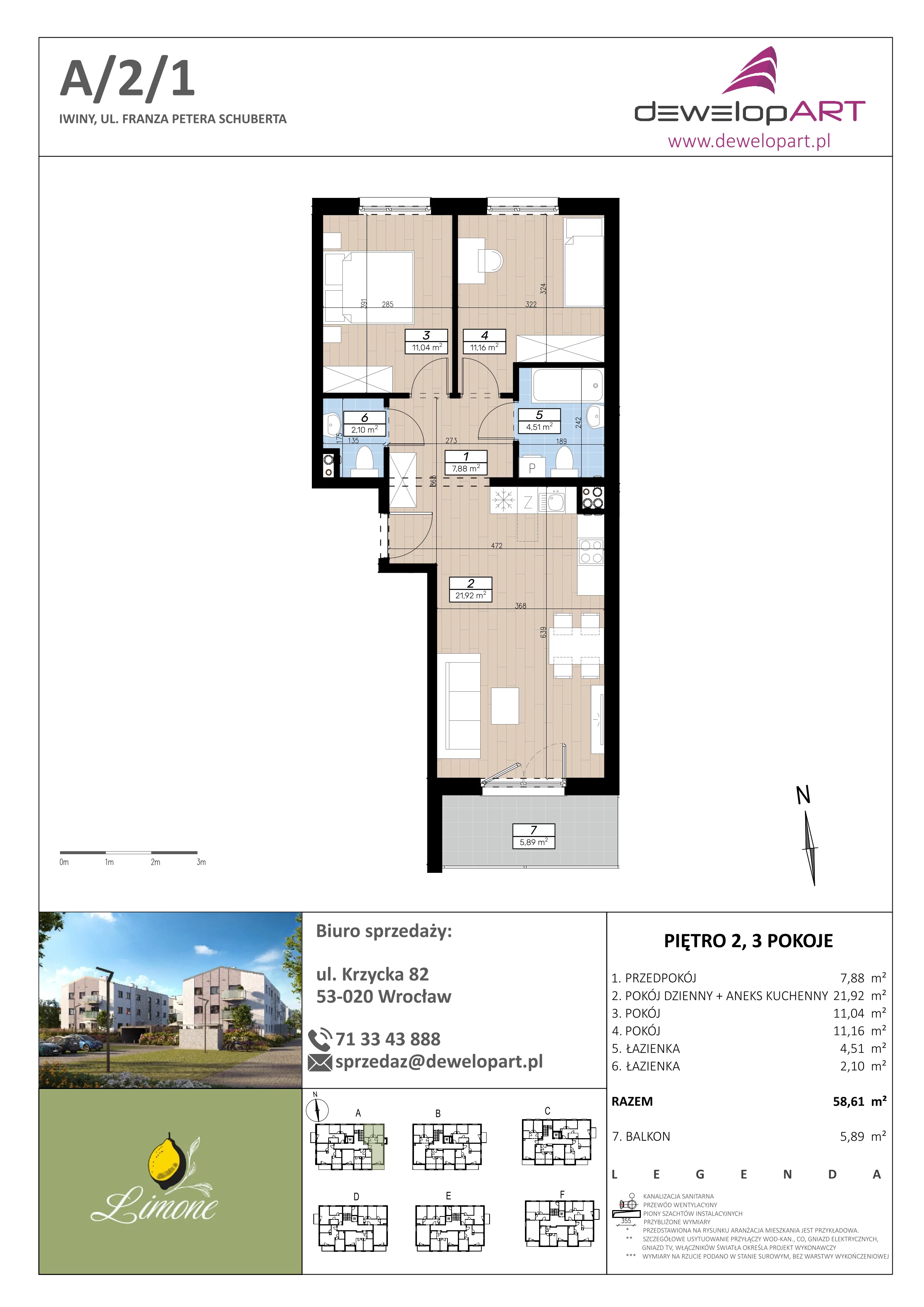 3 pokoje, mieszkanie 58,61 m², piętro 2, oferta nr A/2/1, Limone, Iwiny, ul. F. P. Schuberta