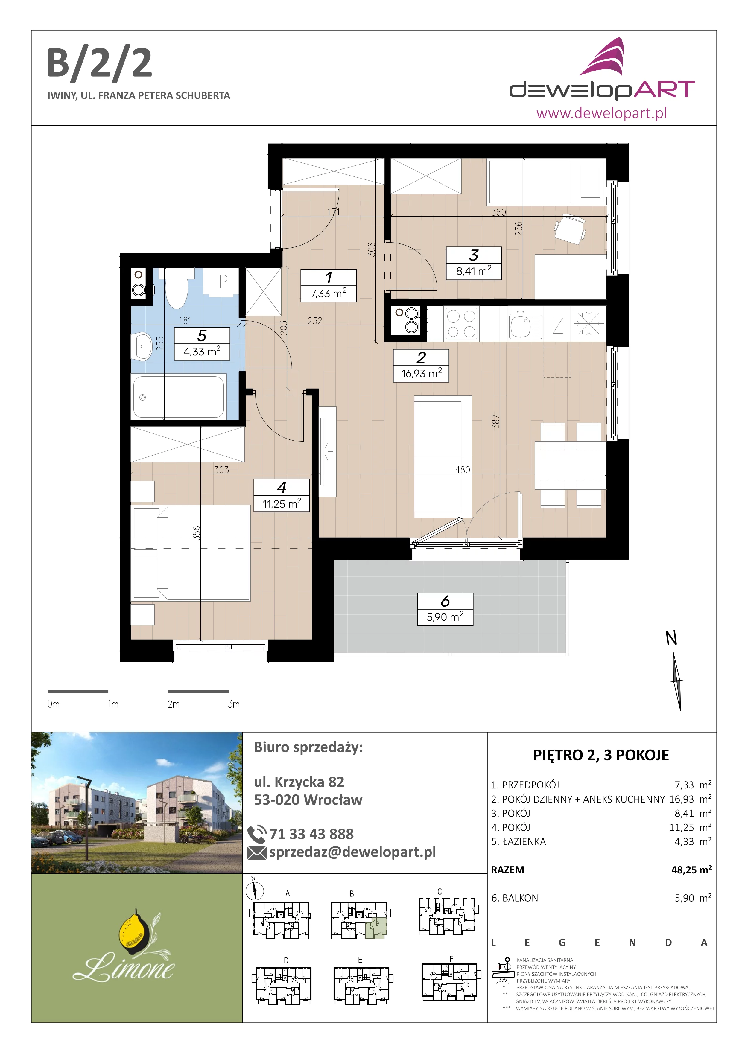 3 pokoje, mieszkanie 48,25 m², piętro 2, oferta nr B/2/2, Limone, Iwiny, ul. F. P. Schuberta