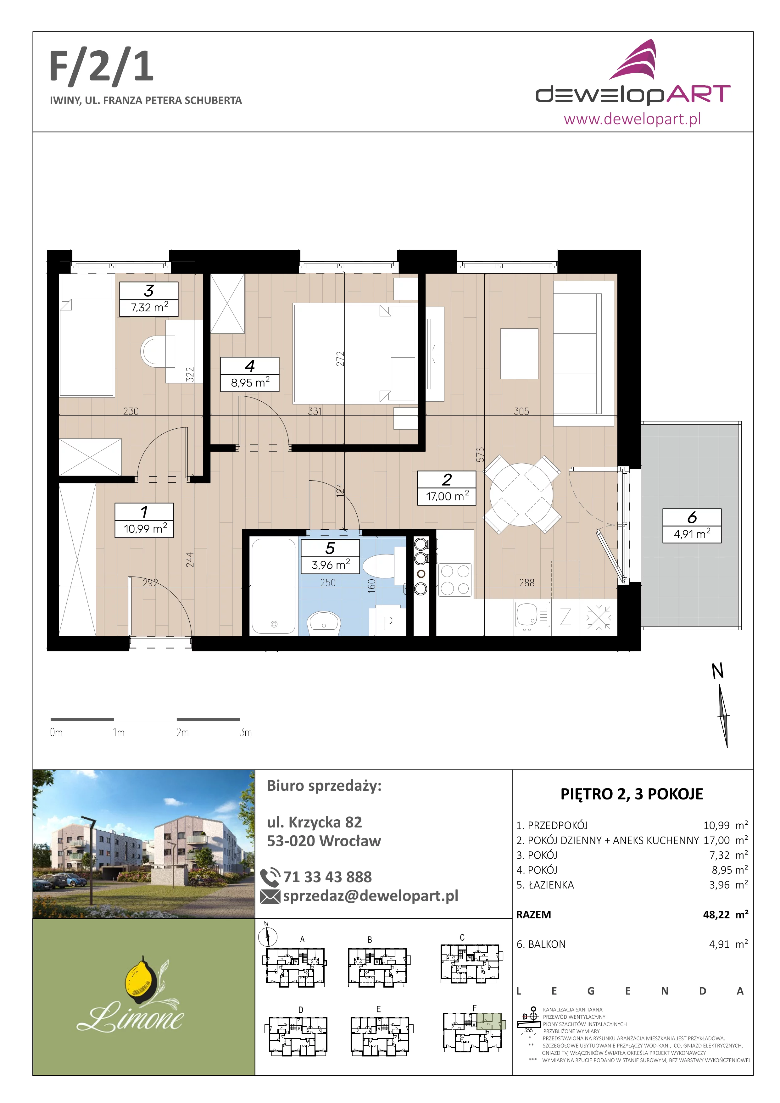 3 pokoje, mieszkanie 48,22 m², piętro 2, oferta nr F/2/1, Limone, Iwiny, ul. F. P. Schuberta